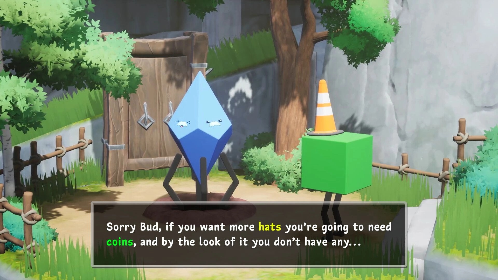 Cube's Quest: Green cube with cone hat talks to blue character in lush forest setting with dialogue.