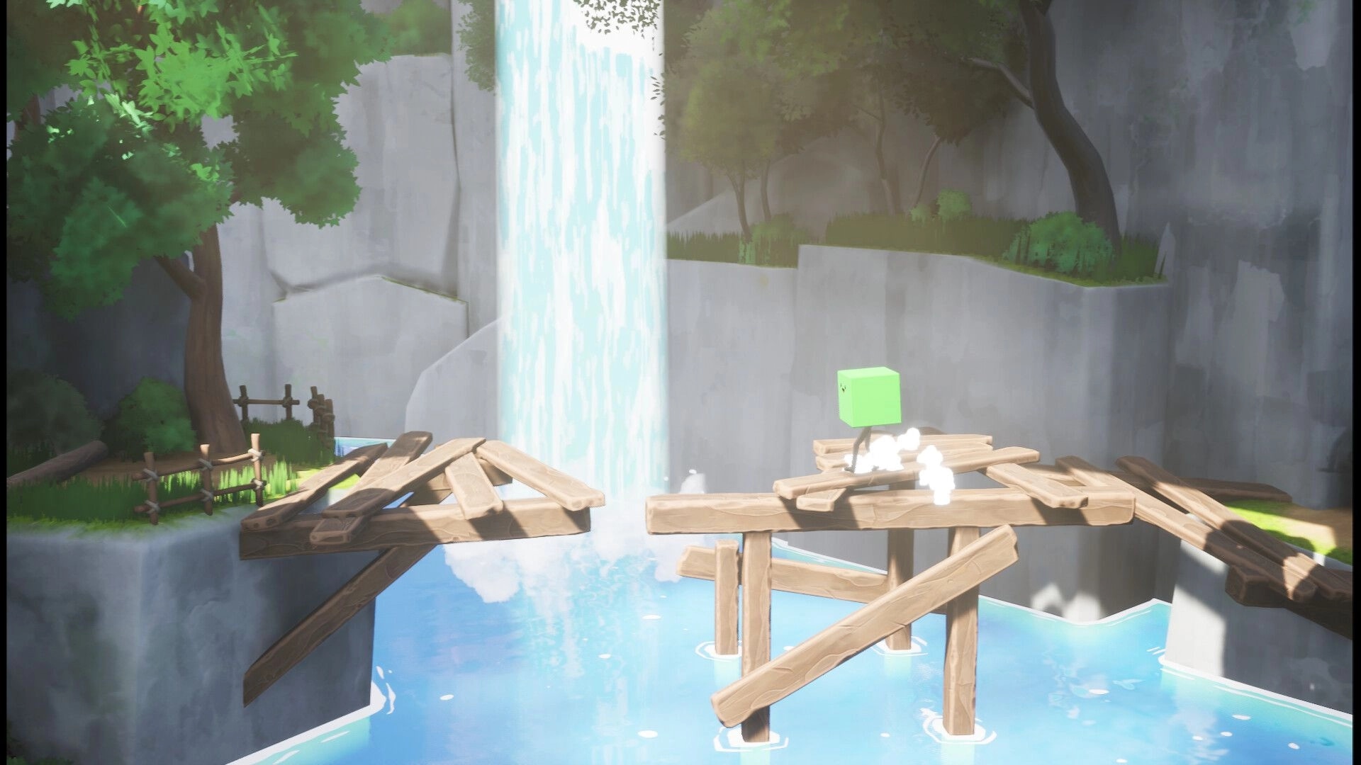 Cube's Quest: Green cube jumps over broken wooden bridge near waterfall in lush canyon setting.