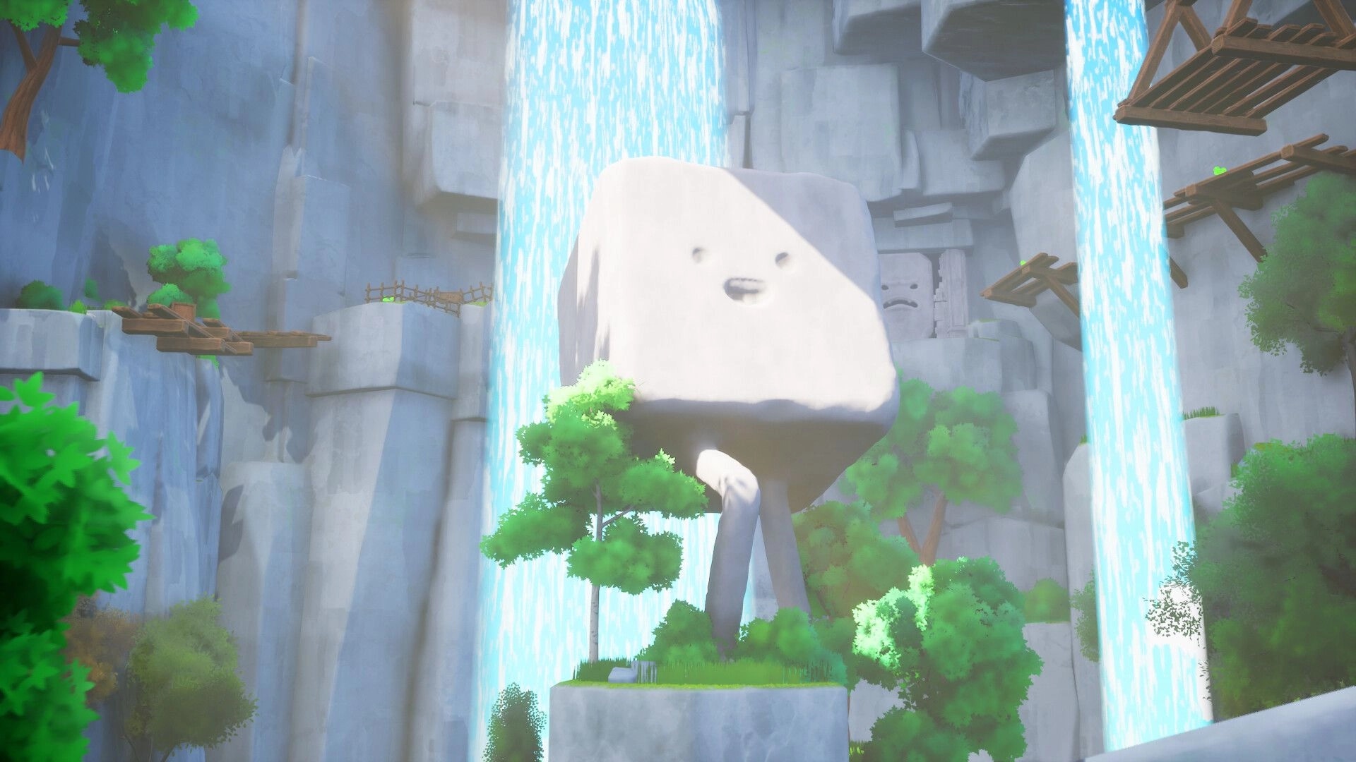 Cube's Quest: Giant stone cube character with waterfalls and wooden platforms in lush cliffside setting