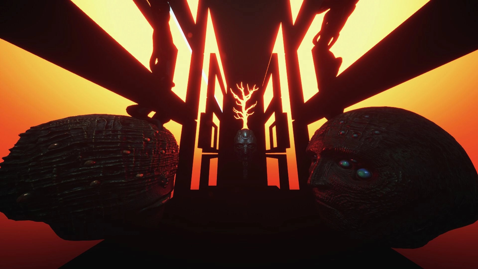 CUBESCAPE: Surreal corridor with glowing patterns and large, enigmatic heads in ominous cubic setting.