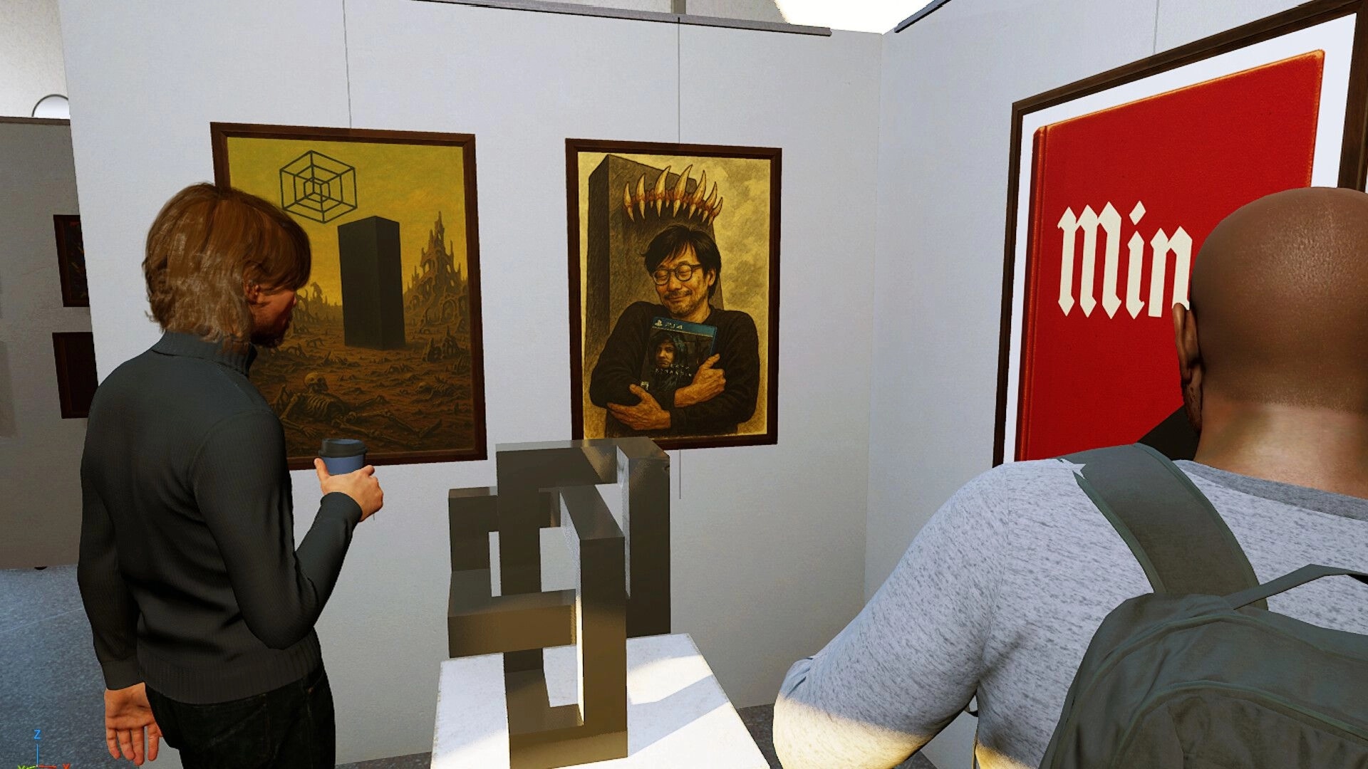 CUBESCAPE: Visitors examining abstract paintings and sculpture in a modern art gallery setting