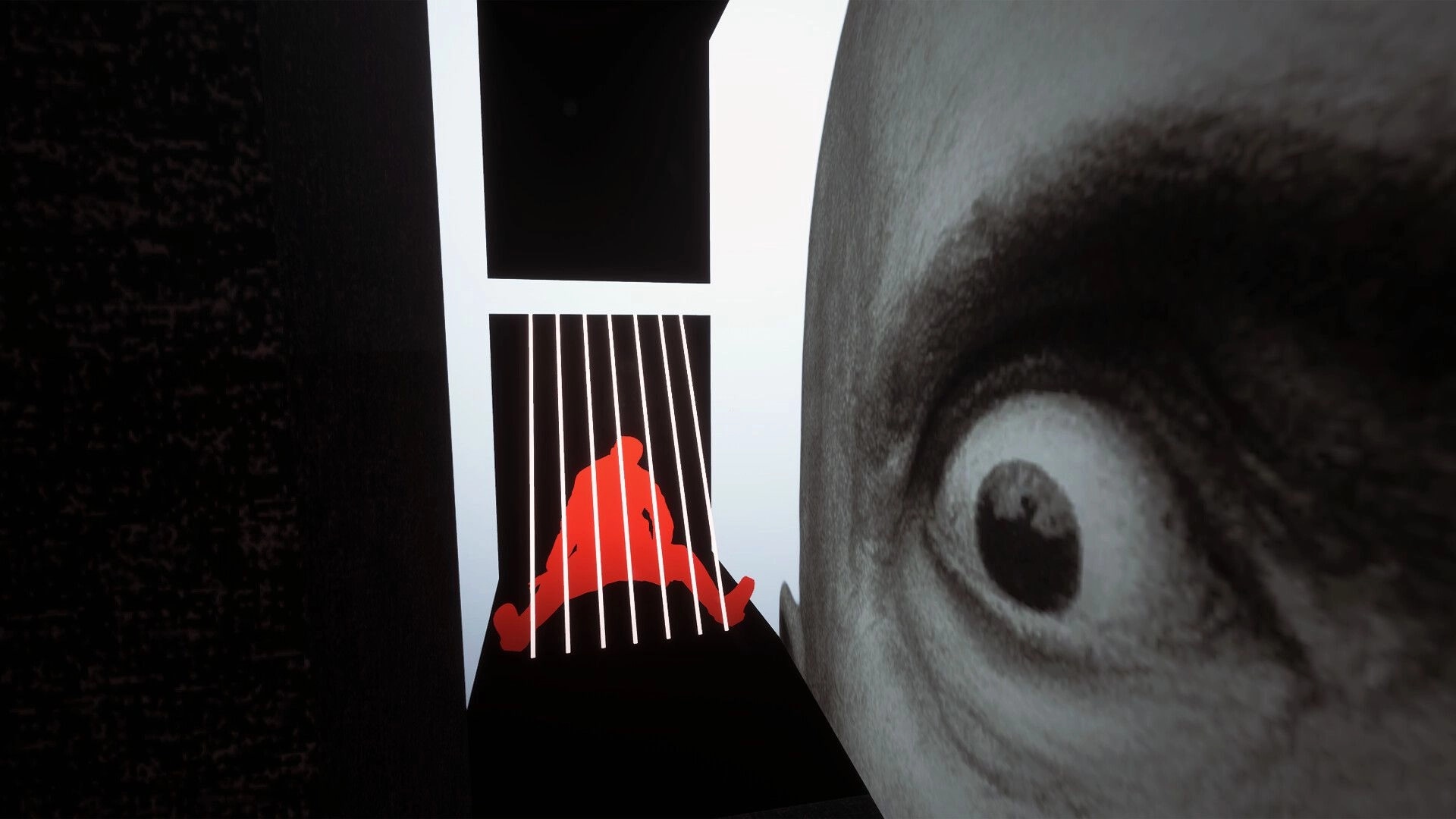 CUBESCAPE: Red silhouette behind bars with large eye mural in a surreal monochrome hallway
