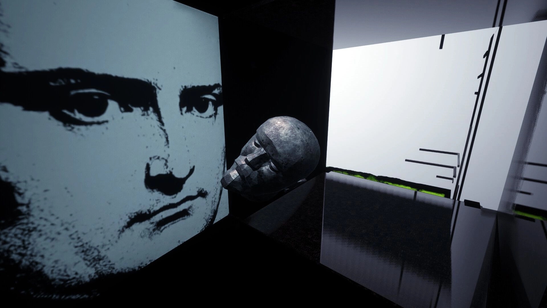 CUBESCAPE: Floating stone face and abstract art in a dark, reflective cubic environment