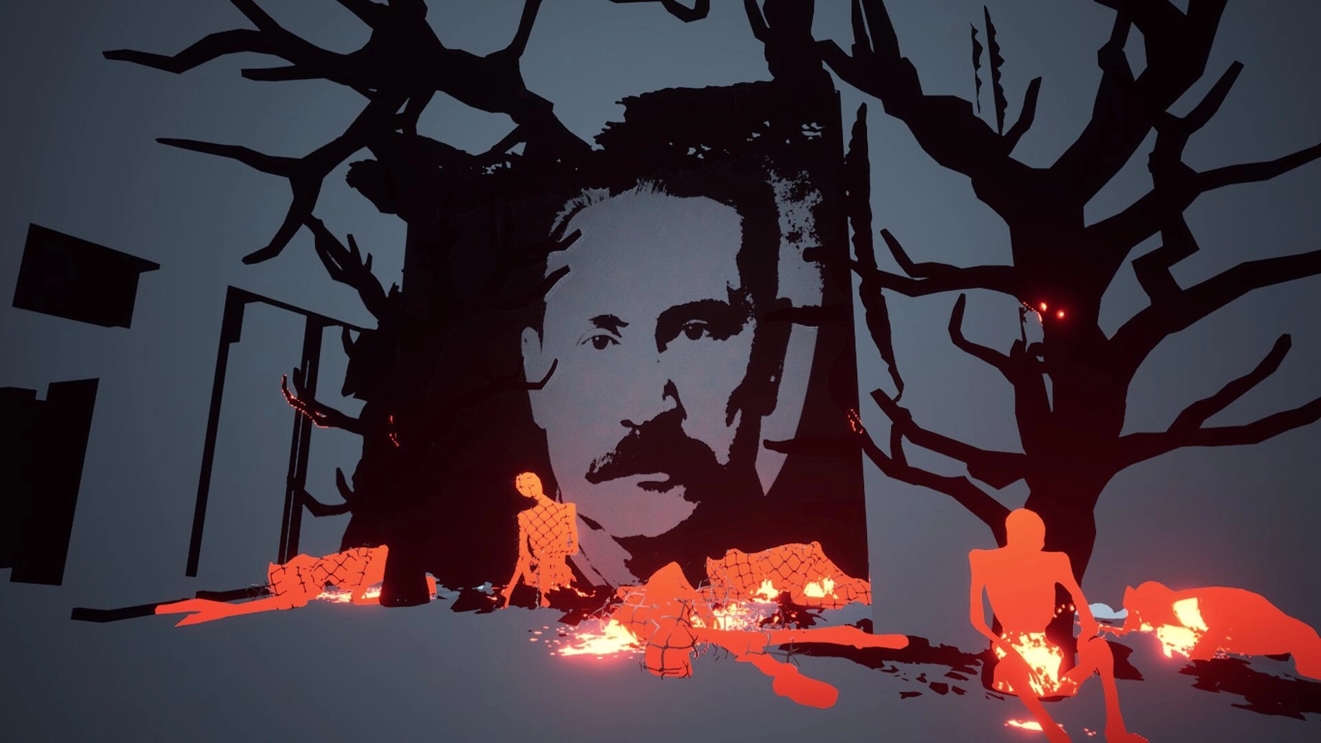 CUBESCAPE: Abstract figures and eerie trees in dark room with large portrait on wall