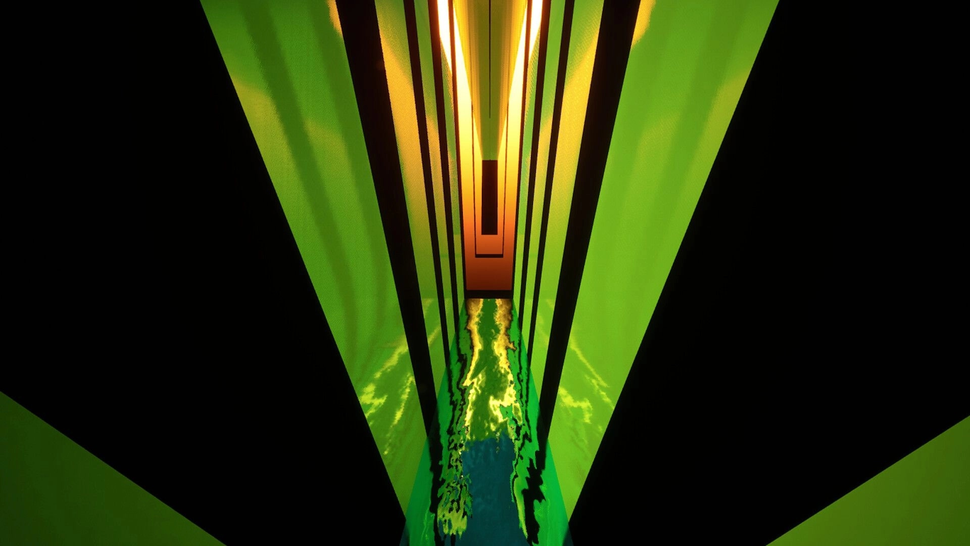 CUBESCAPE: Navigating a narrow, glowing green corridor with reflective water floor in surreal environment