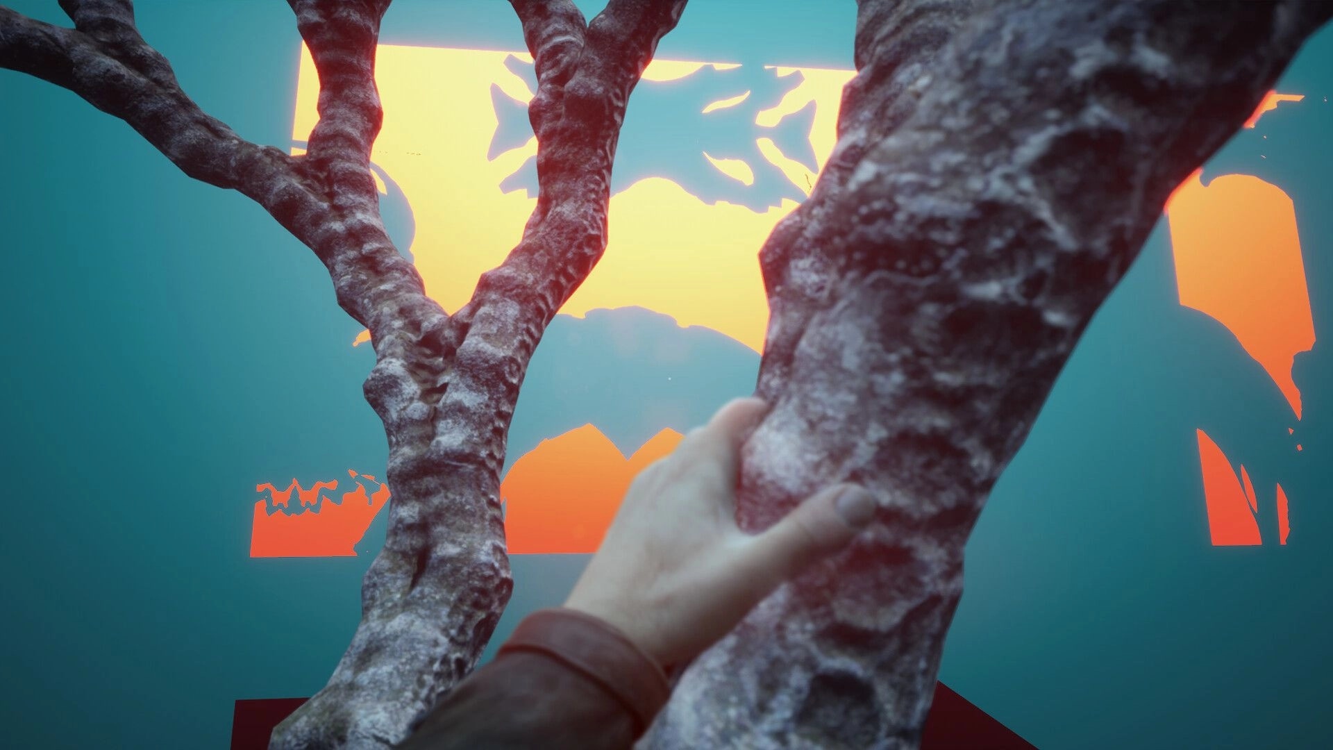 CUBESCAPE: First-person view of hand gripping a tree in a surreal, colorful abstract environment