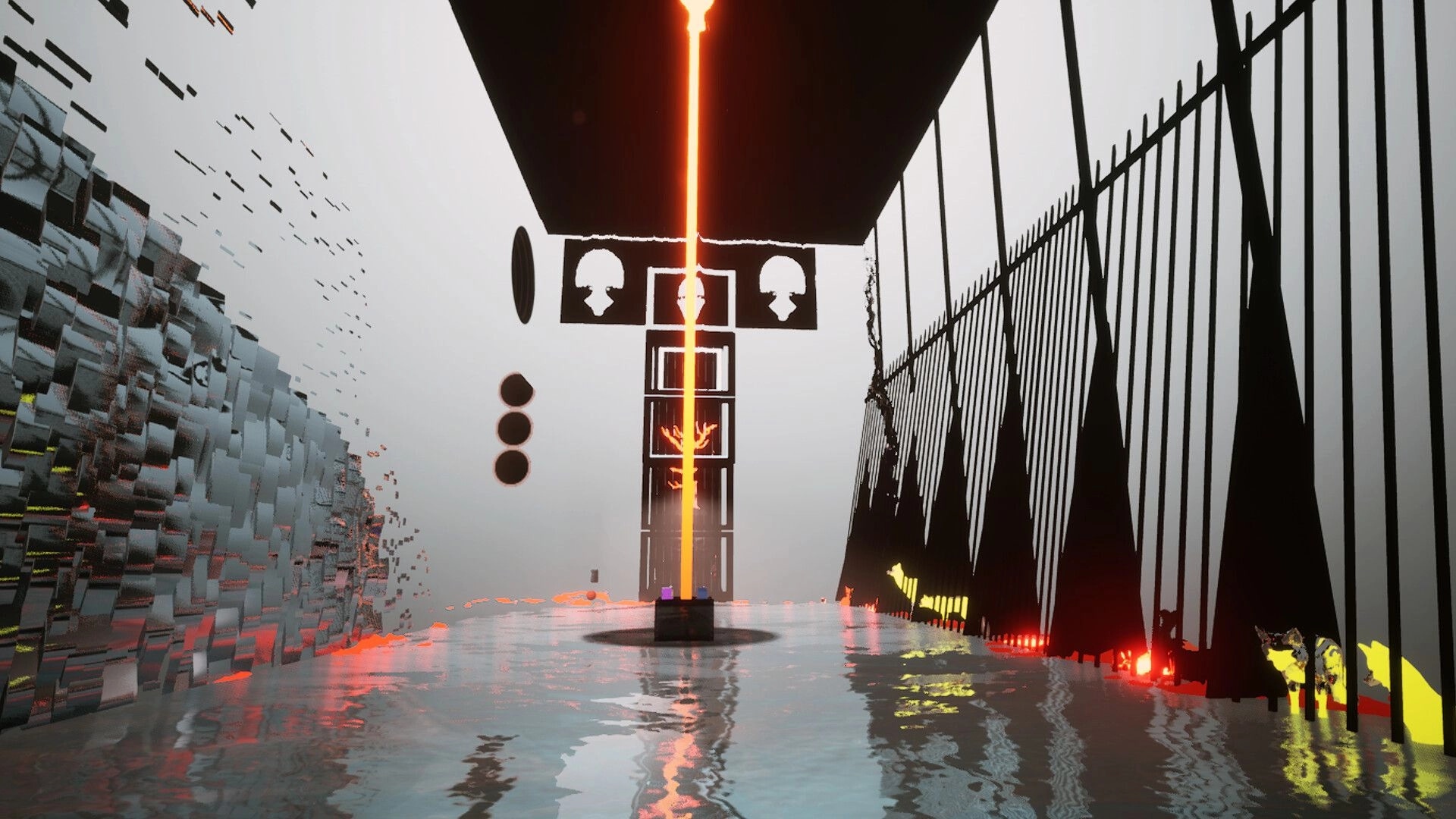 CUBESCAPE: Neon beam in abstract gallery with distorted walls and reflective floor