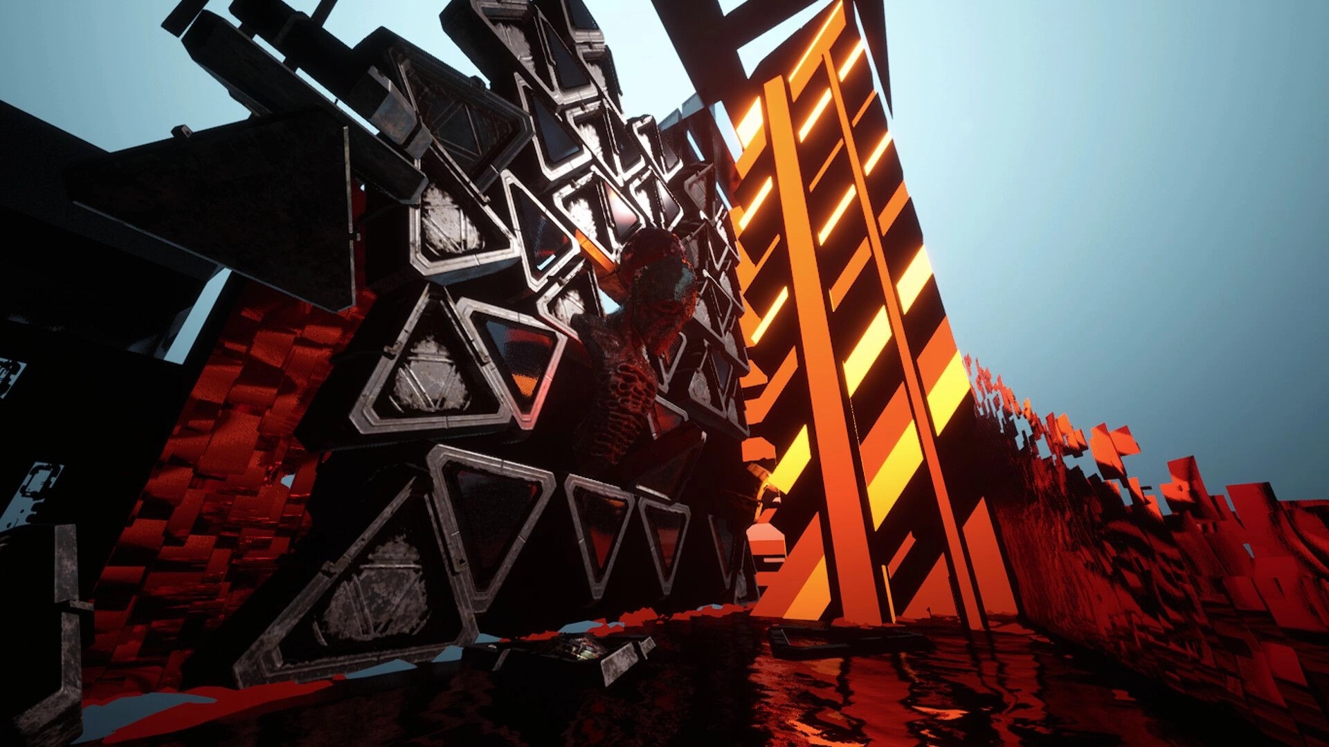 CUBESCAPE: Intricate geometric structures with glowing orange patterns in surreal cubic environment