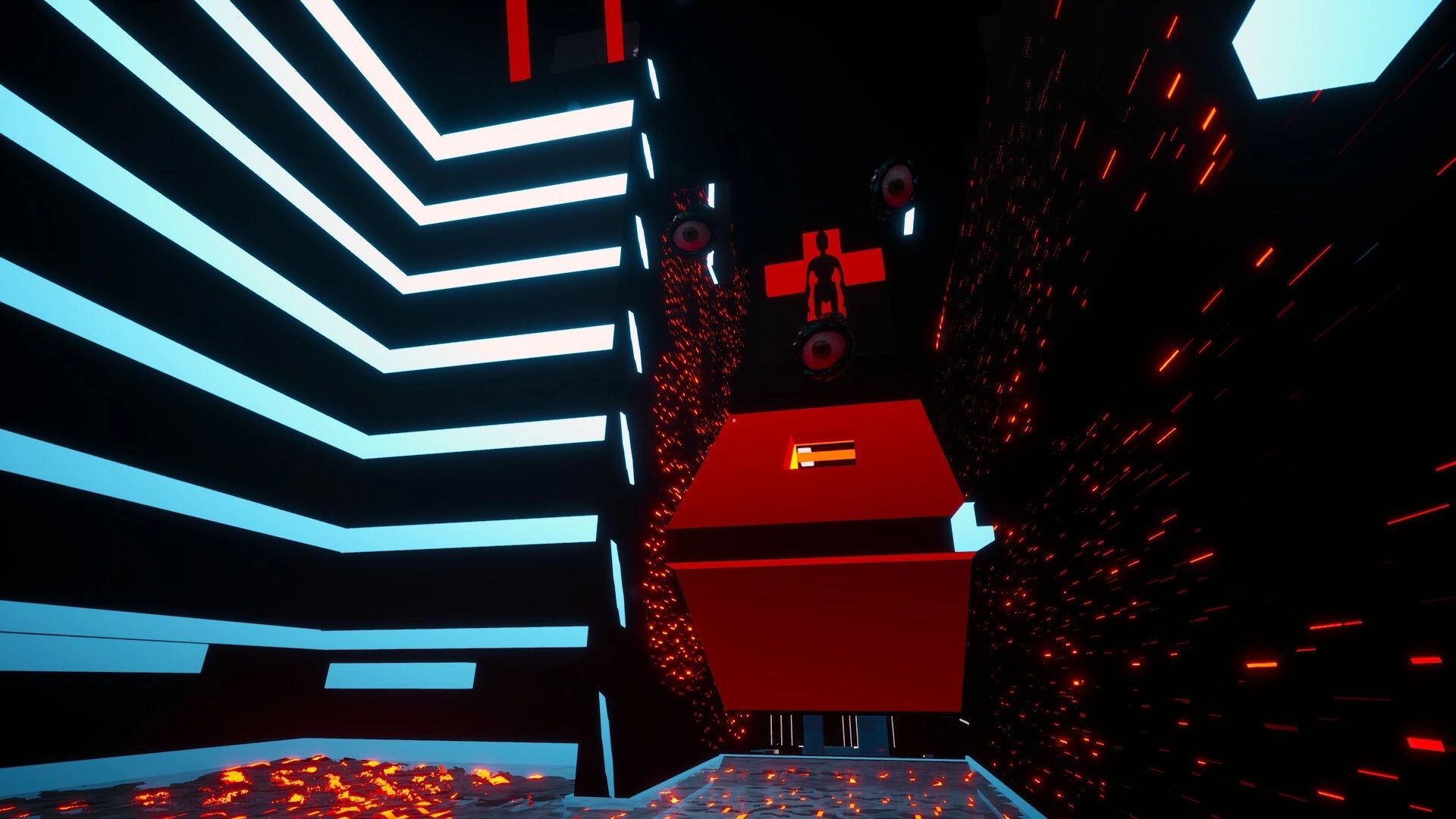 CUBESCAPE: Player navigates a glowing corridor with red and blue geometric structures in a digital realm