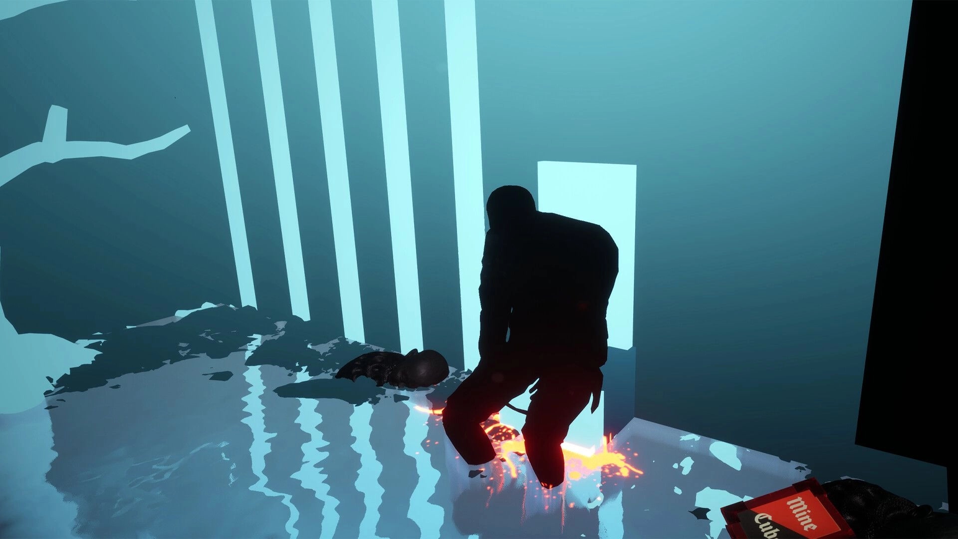 CUBESCAPE: Silhouette of a crouching figure near glowing doorway in a surreal, reflective room