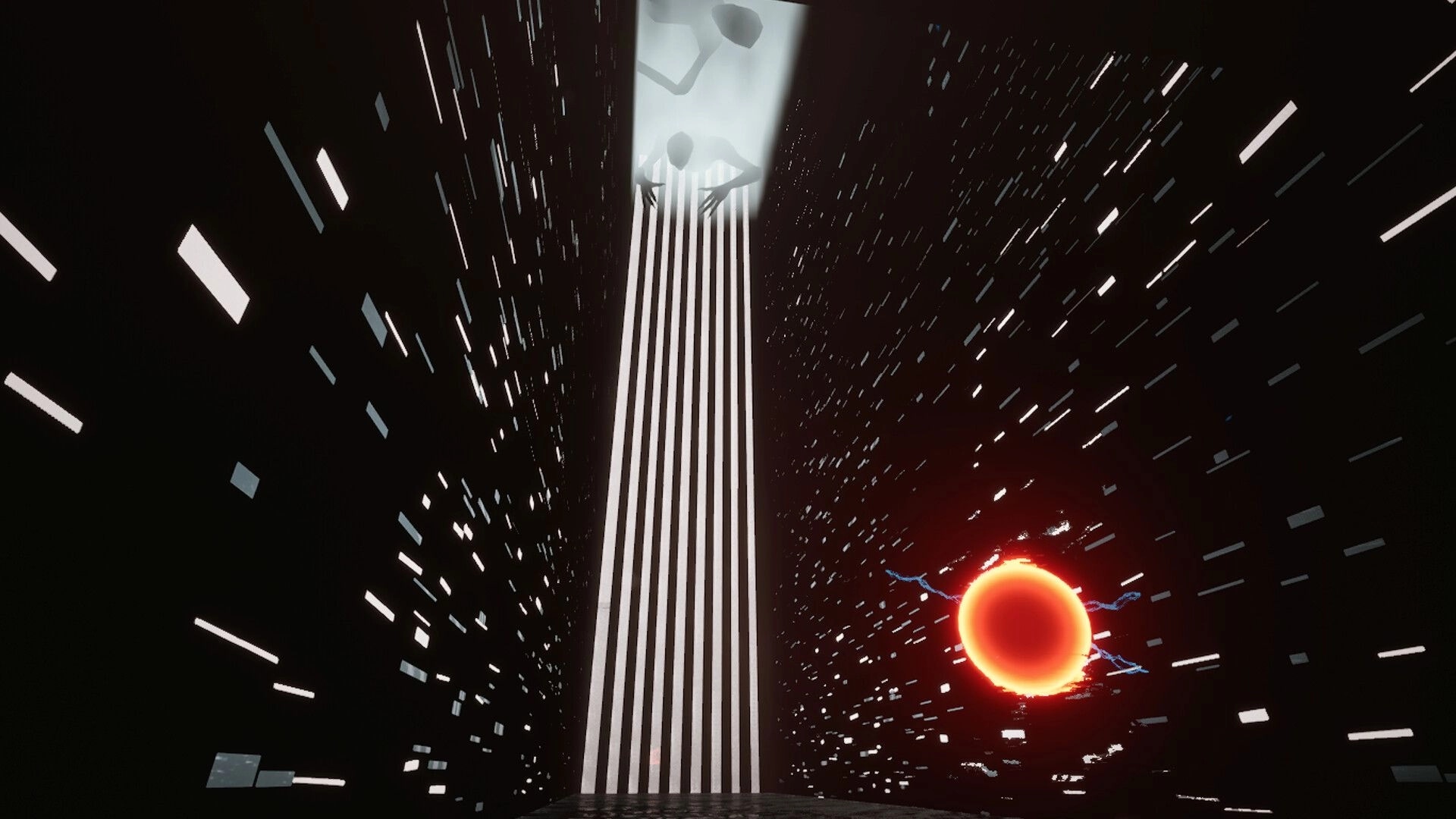 CUBESCAPE: Glowing red sphere with shadowy figures above in a dark, abstract cubic environment