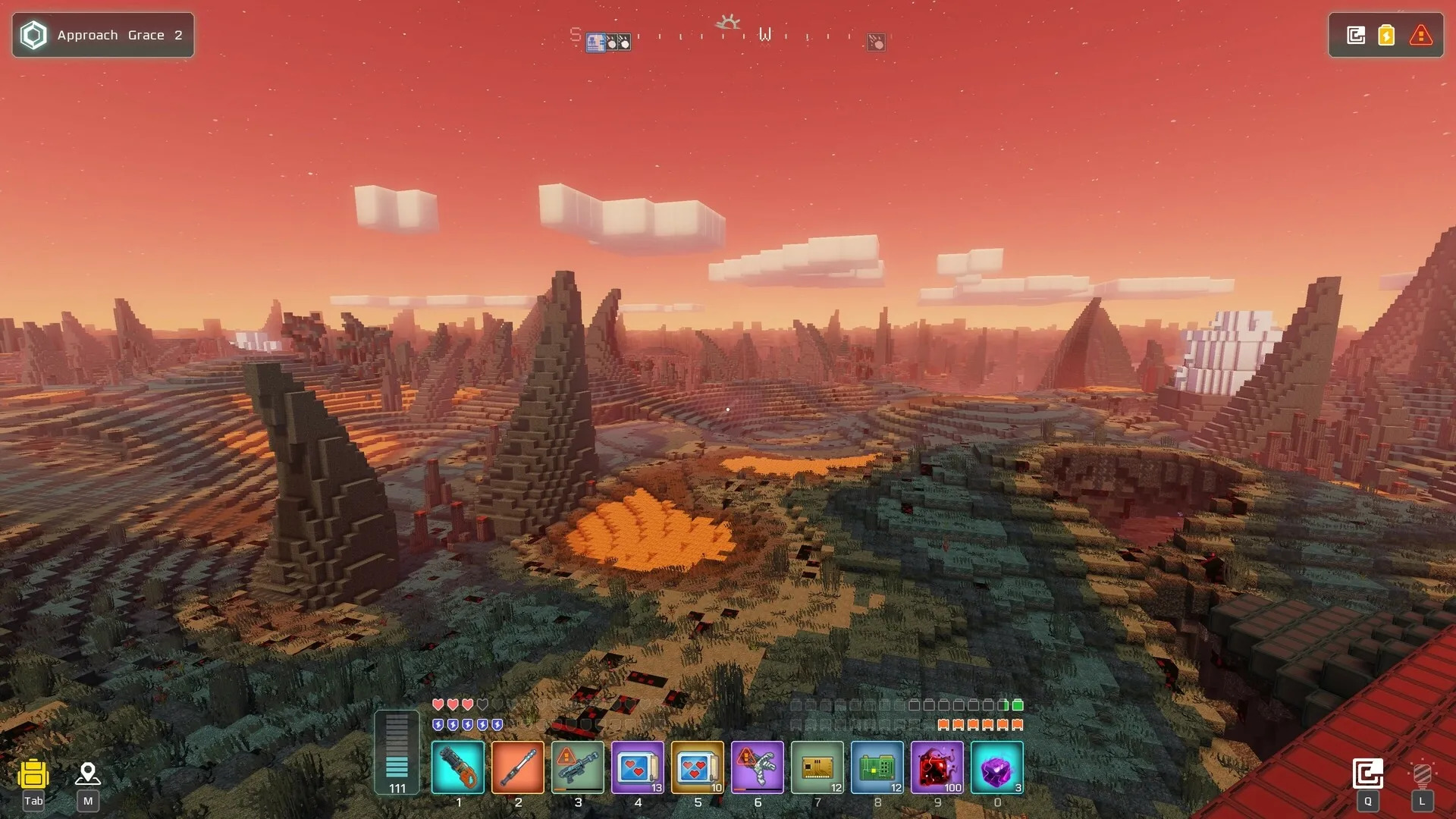 Cubic Odyssey: Vast alien landscape with towering formations and visible UI elements and inventory bar