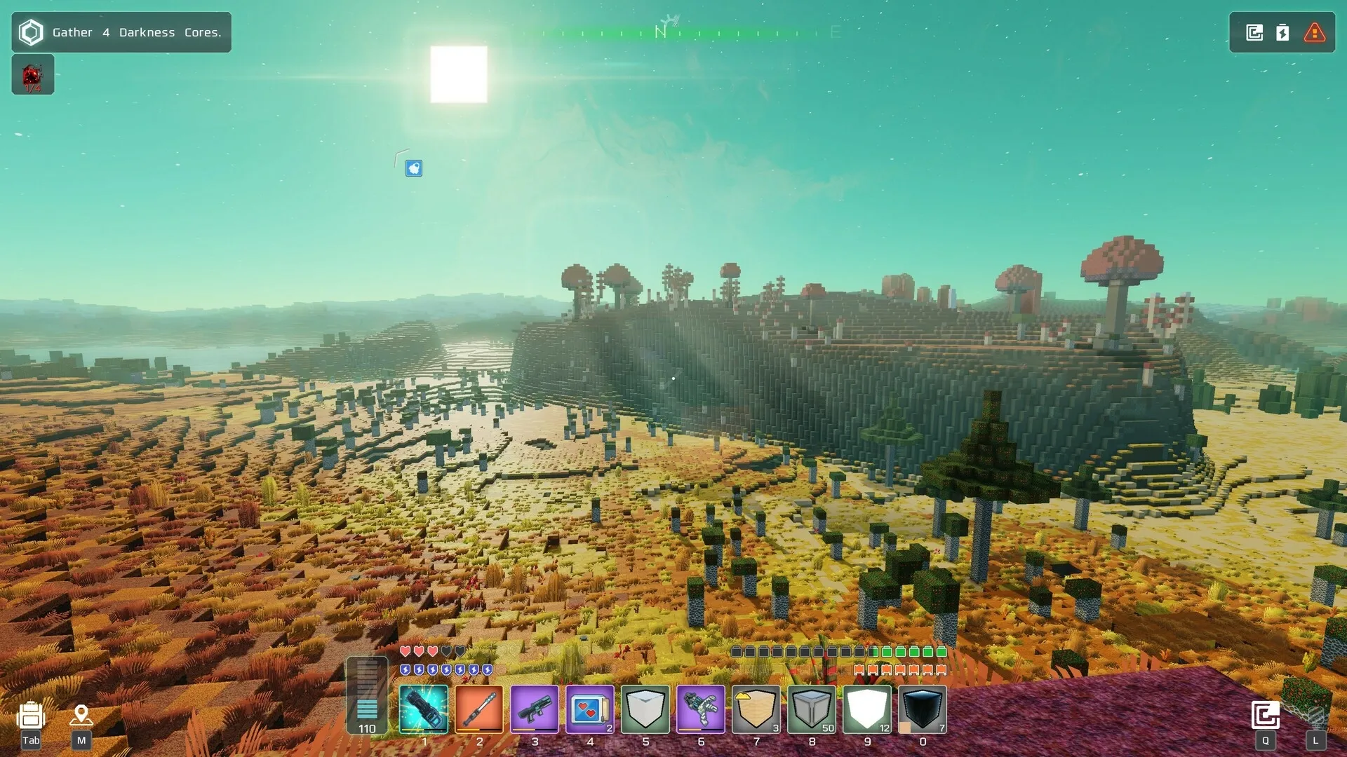 Cubic Odyssey: Exploring a vibrant, blocky landscape with towering mushrooms under a bright sky.