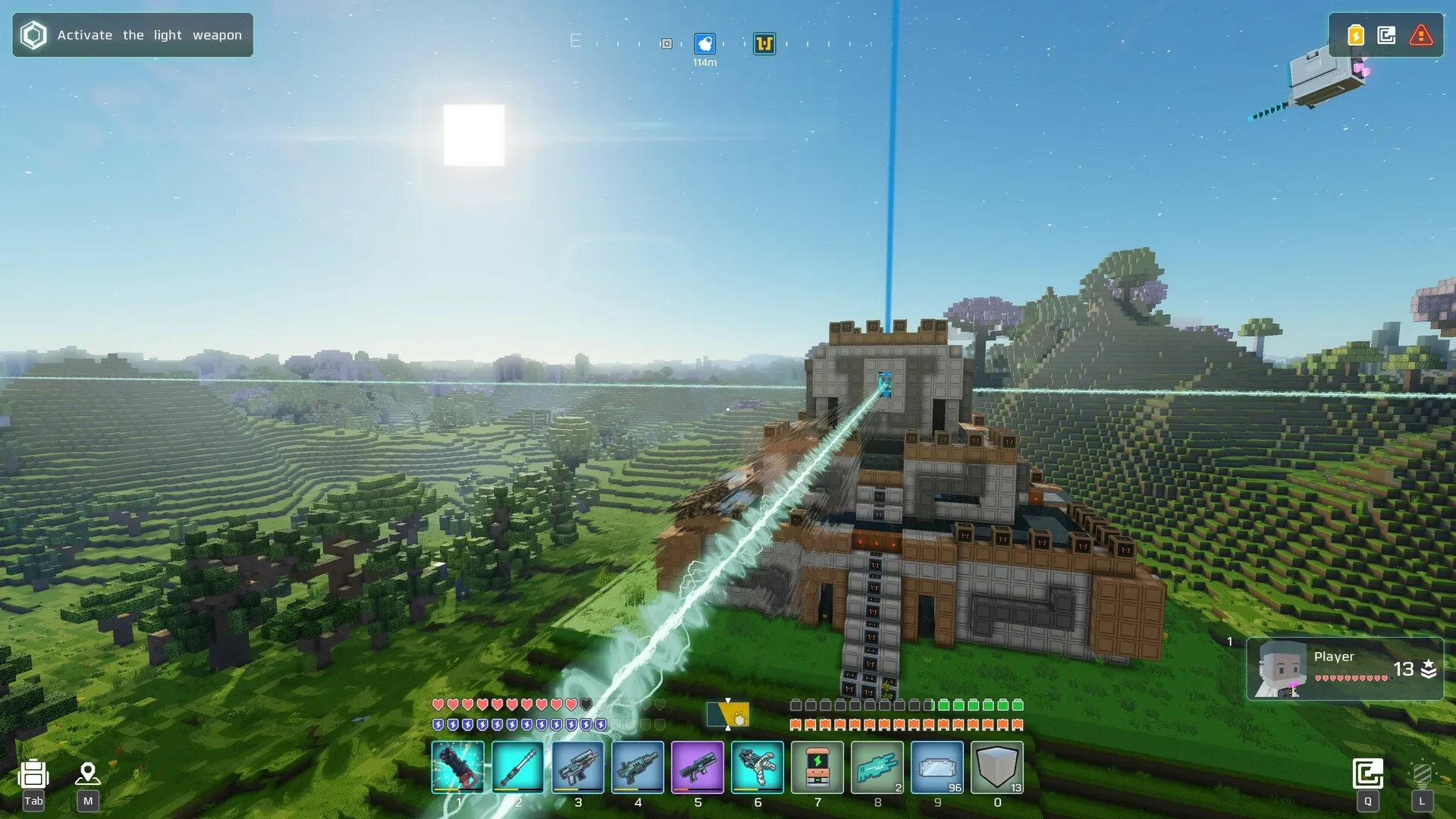Cubic Odyssey: Beam firing from stone fortress in lush landscape, inventory and player stats visible