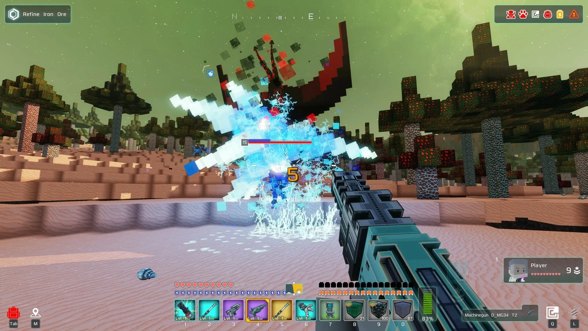 Cubic Odyssey: First-person combat with a gun against icy monster in a pixelated alien forest.