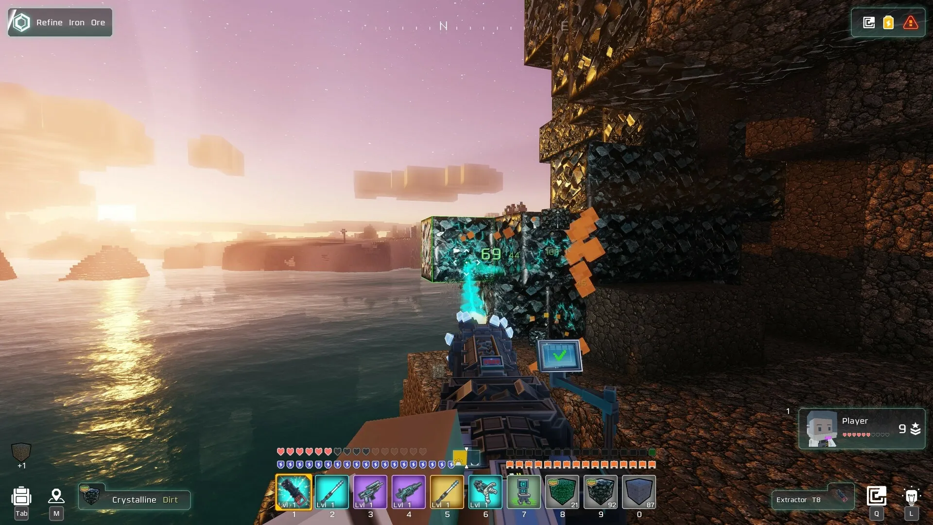 Cubic Odyssey: Mining iron ore at sunset with weapon interface and health bar displayed on screen