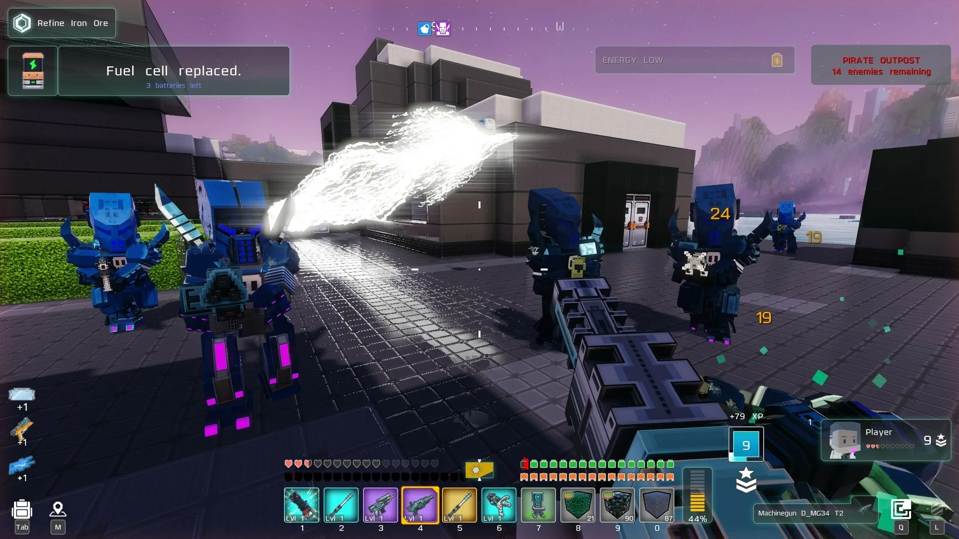 Cubic Odyssey: Player battles robotic enemies at a pirate outpost with weapon inventory UI visible