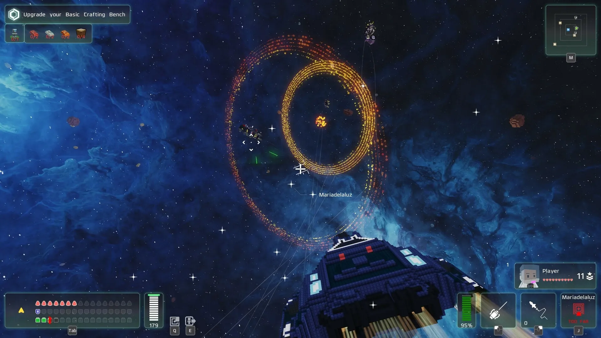 Cubic Odyssey: Spaceship navigates through a cosmic vortex with upgrade options and player status displayed.