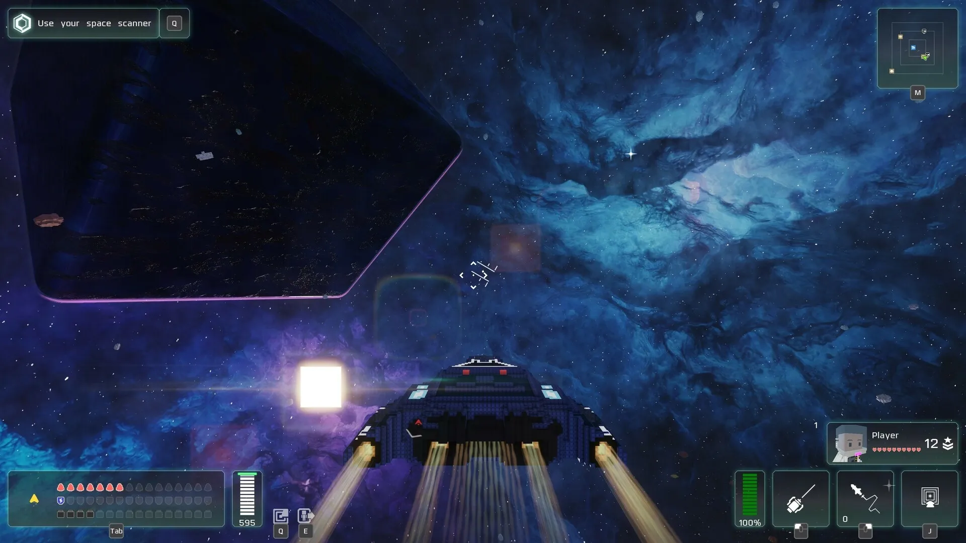 Cubic Odyssey: Spaceship travels through vibrant galaxy with space scanner prompt in cosmic environment