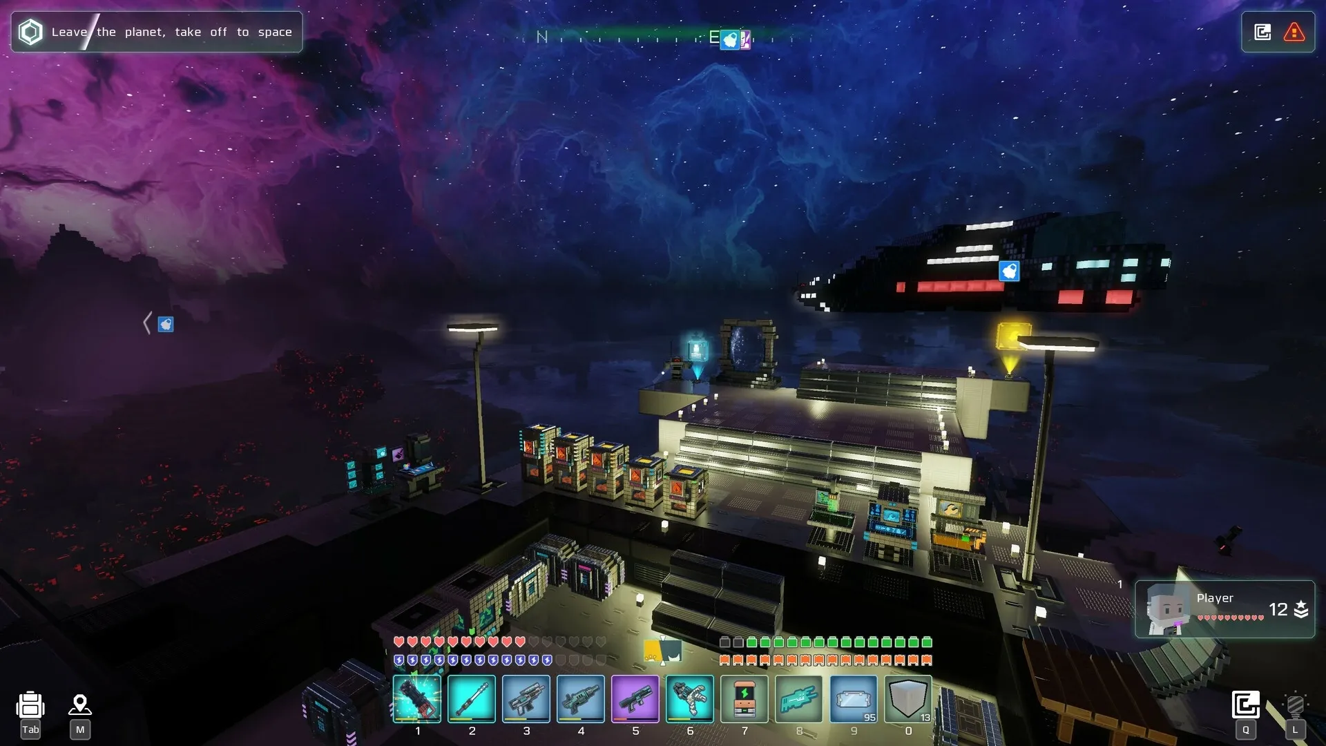 Cubic Odyssey: Spacecraft docked on futuristic platform under vibrant nebula sky with UI inventory visible.