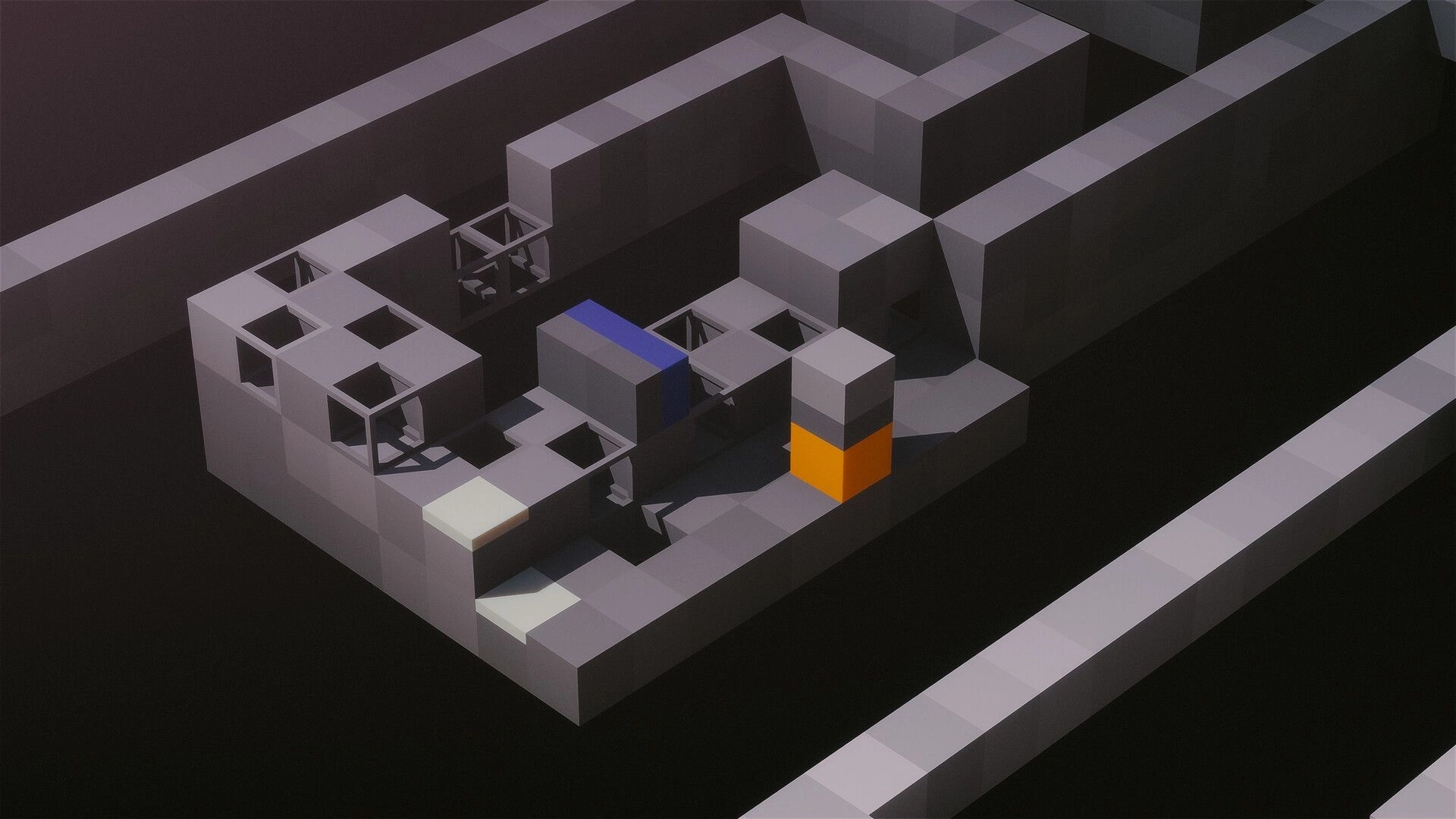 CUBOID: Orange cube navigating gray block maze with hollow tiles and a blue bridge section.