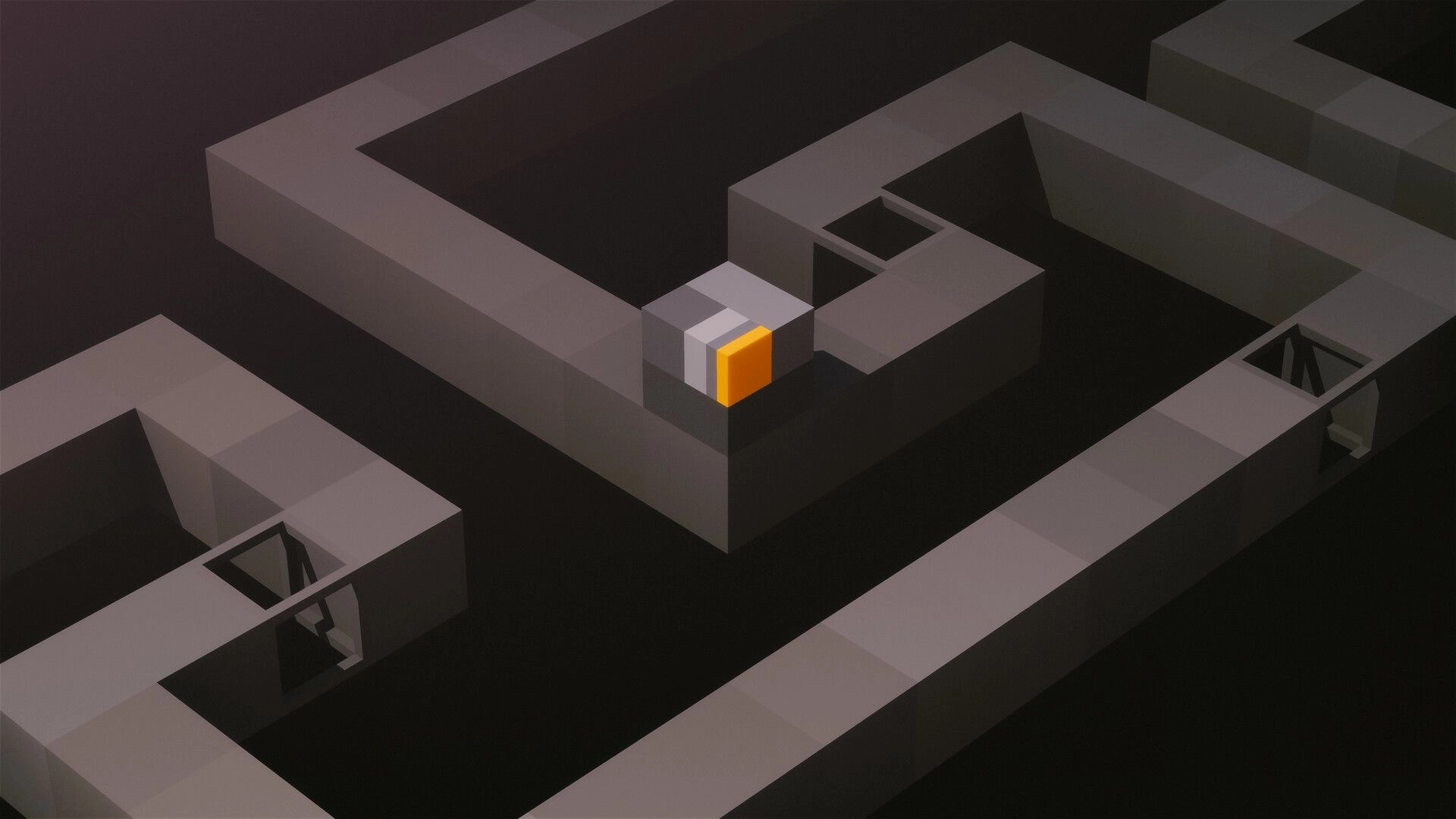 CUBOID: Gray and orange cube block at a corner in a minimalist 3D maze of tall walls and gaps.