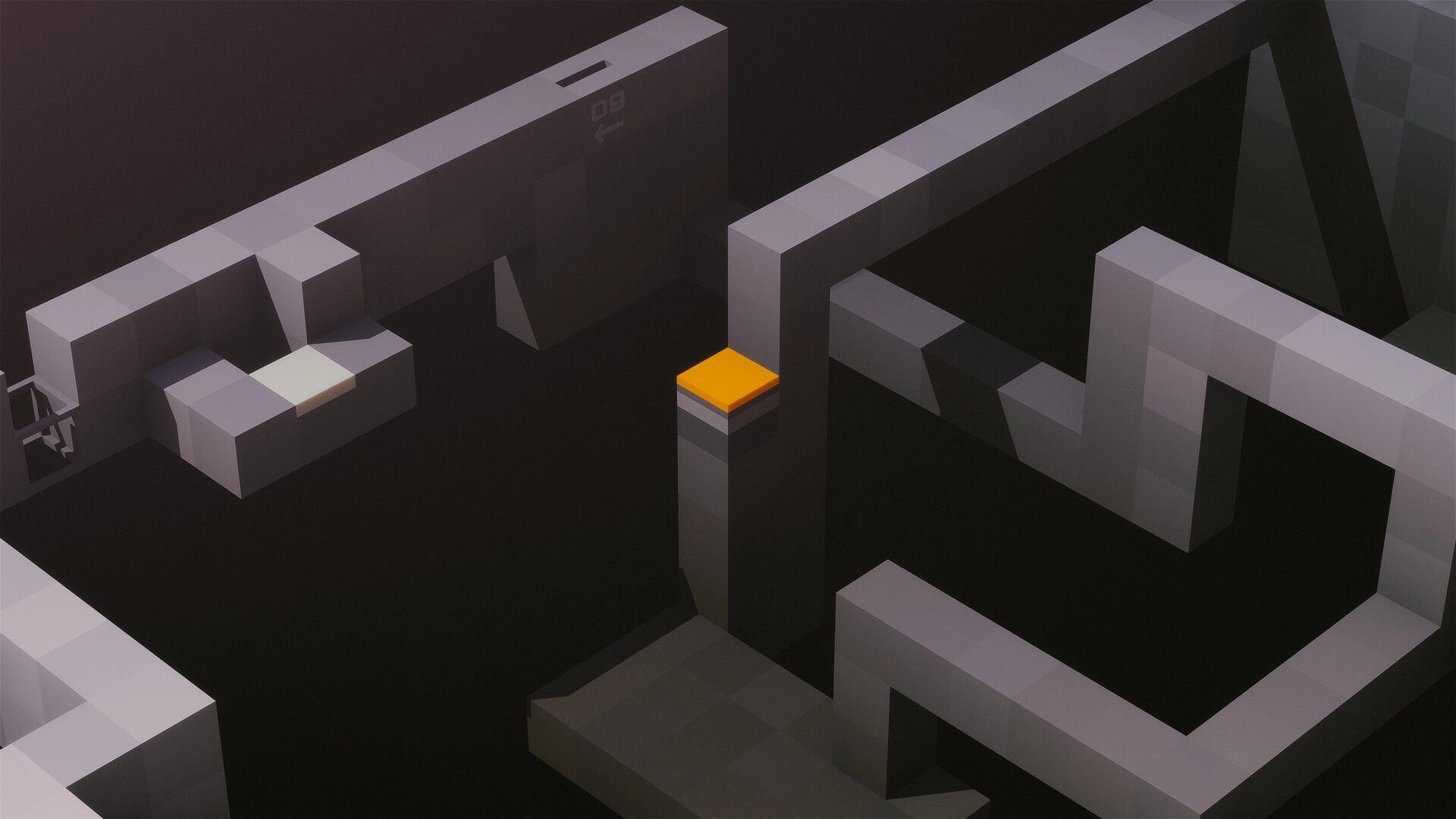 CUBOID: Orange block on tall pillar amid gray maze corridors in minimalist 3D puzzle level view.
