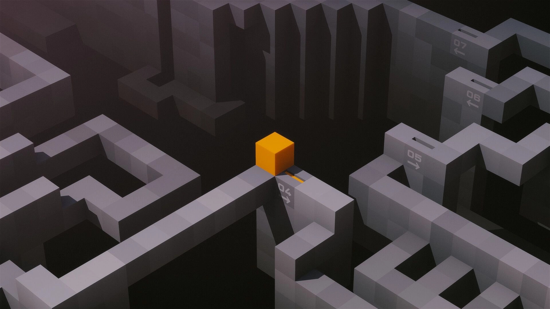 CUBOID: Orange cube on narrow gray maze ledge with numbered arrows 04-07 in foggy void backdrop.