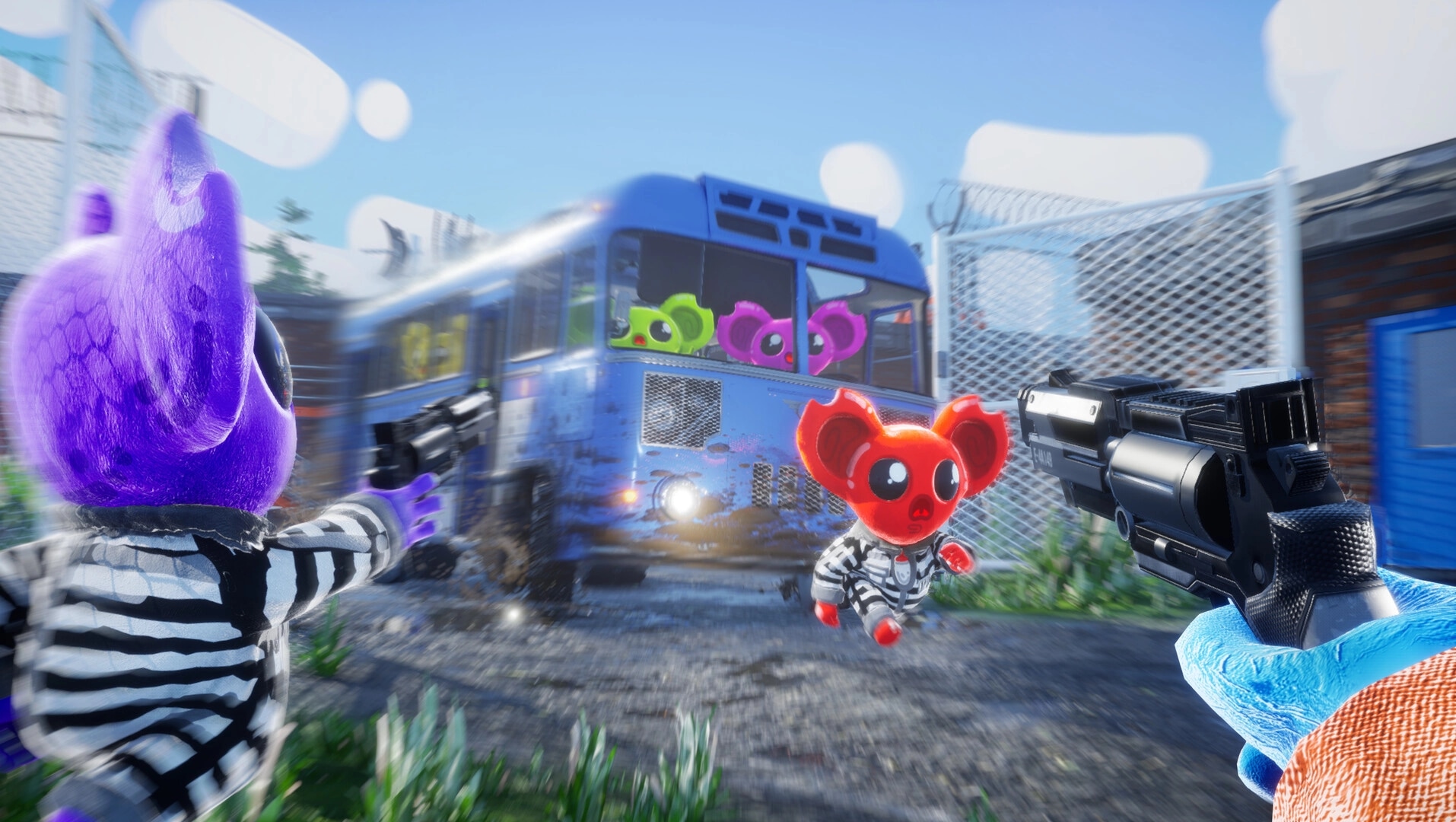 CUFFBUST: Cartoon characters in striped outfits with guns confront a bus in a prison yard setting.