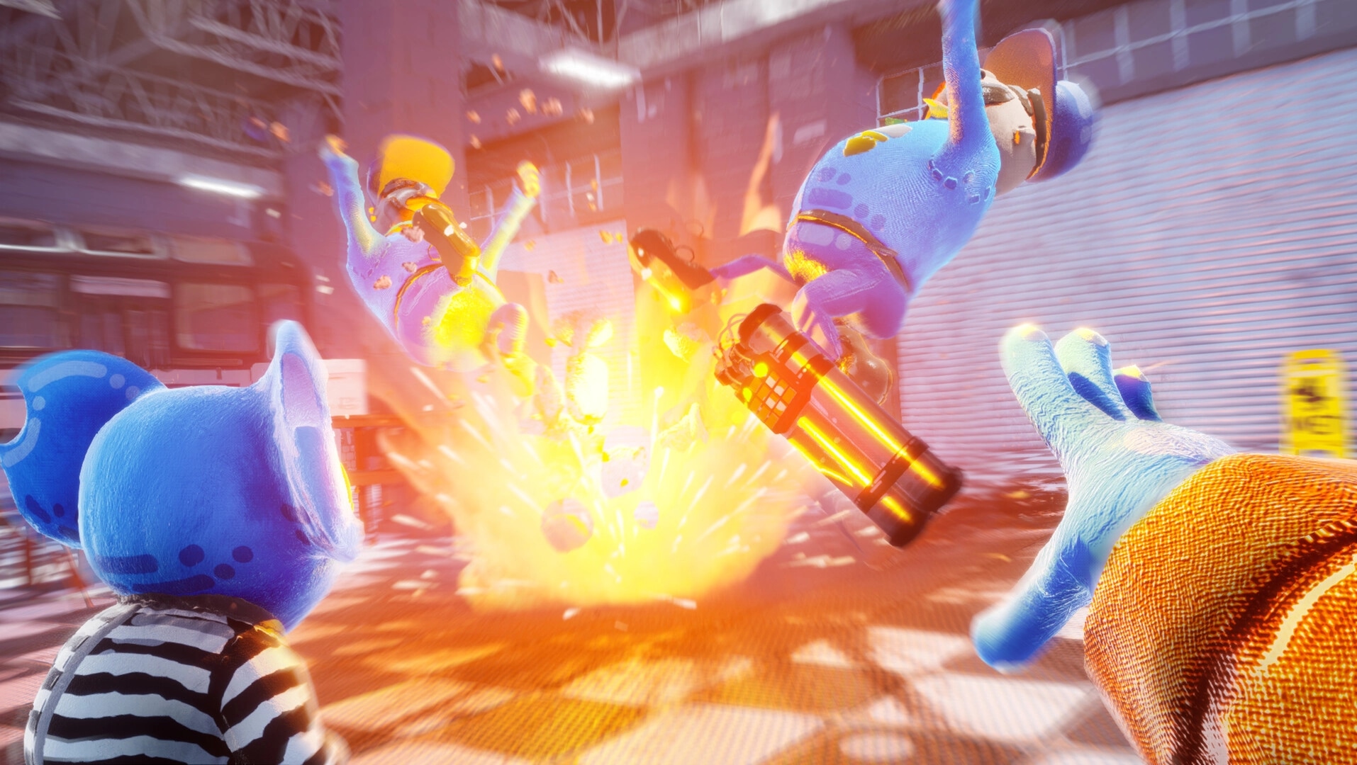 CUFFBUST: Explosion launches guards as inmate with blue ears watches in chaotic prison interior.
