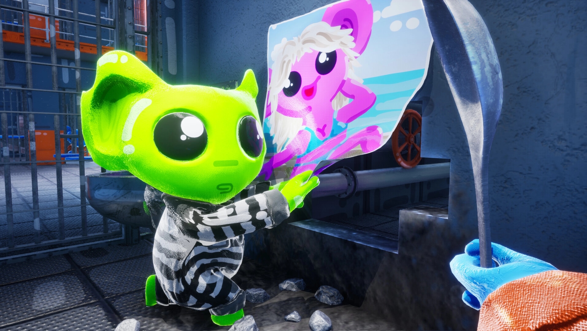 CUFFBUST: Green character digs with spoon near poster in a prison cell environment with barred wall.