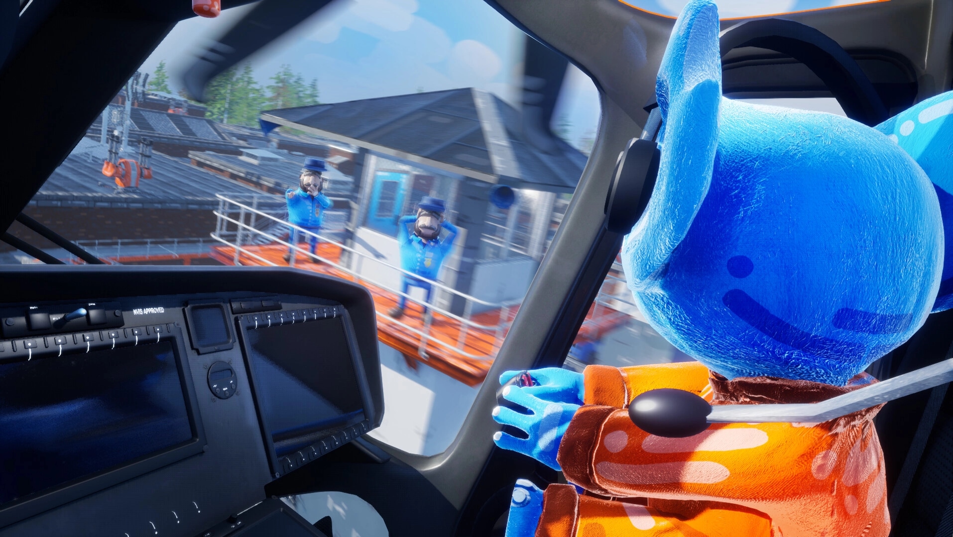 CUFFBUST: Blue character in helicopter cockpit overlooking guards on prison roof in vibrant daylight.