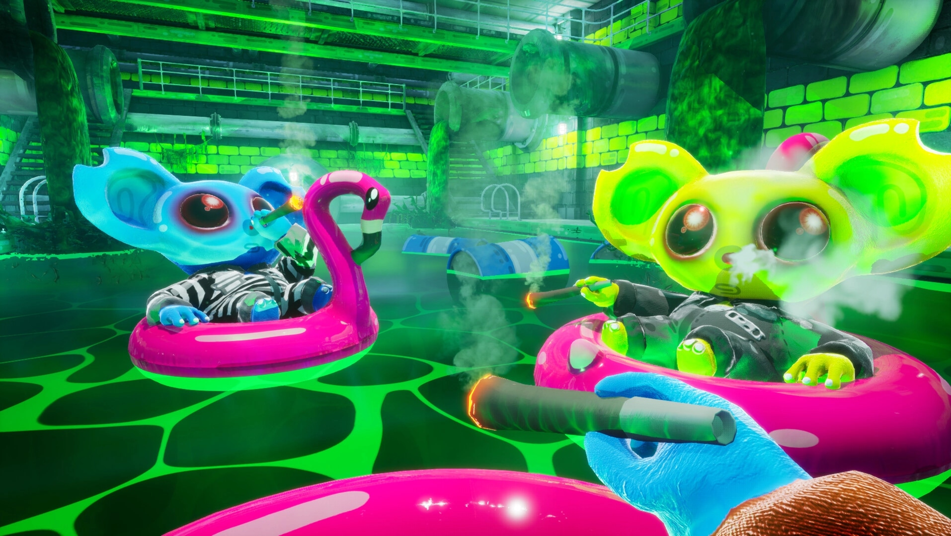 CUFFBUST: Cartoonish characters in prison outfits relax on pink flamingo floats in a neon green sewer.