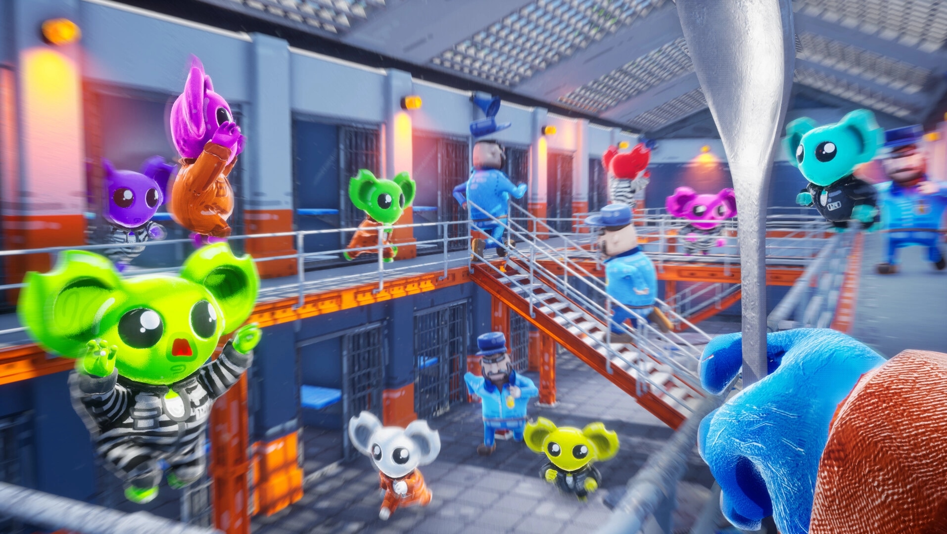 CUFFBUST: Colorful characters in prison jumpsuits flee from guards on metal walkways inside a cell block.