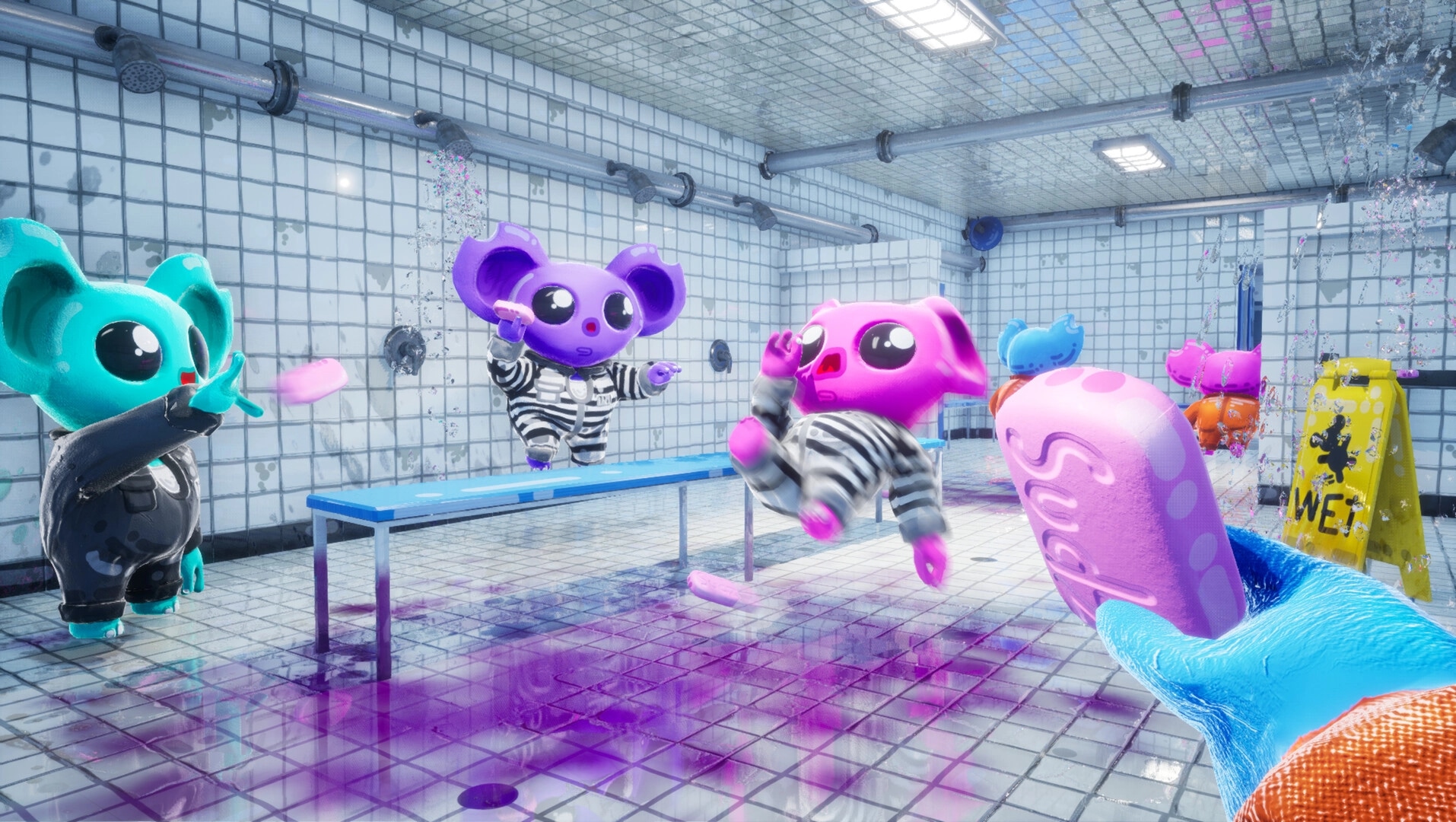 CUFFBUST: Colorful characters in a tiled room, one holding soap, others in striped outfits jumping around.