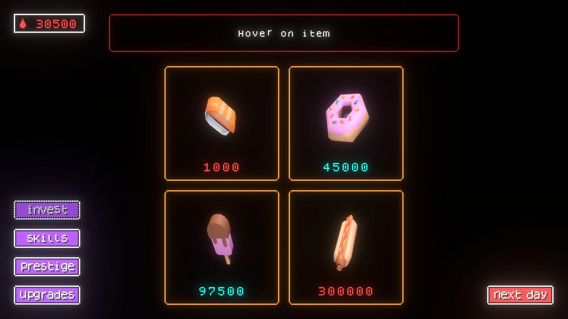 Cult Nation: Item shop with sushi, donut, ice cream, and hot dog in dark UI; blood currency display
