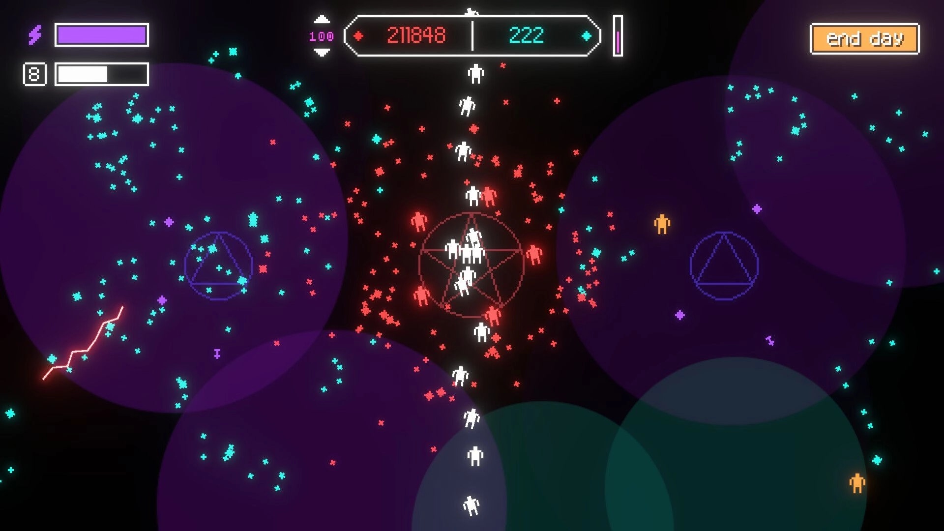Cult Nation: White figures gather on a pentagram, surrounded by colorful particles on a dark background.