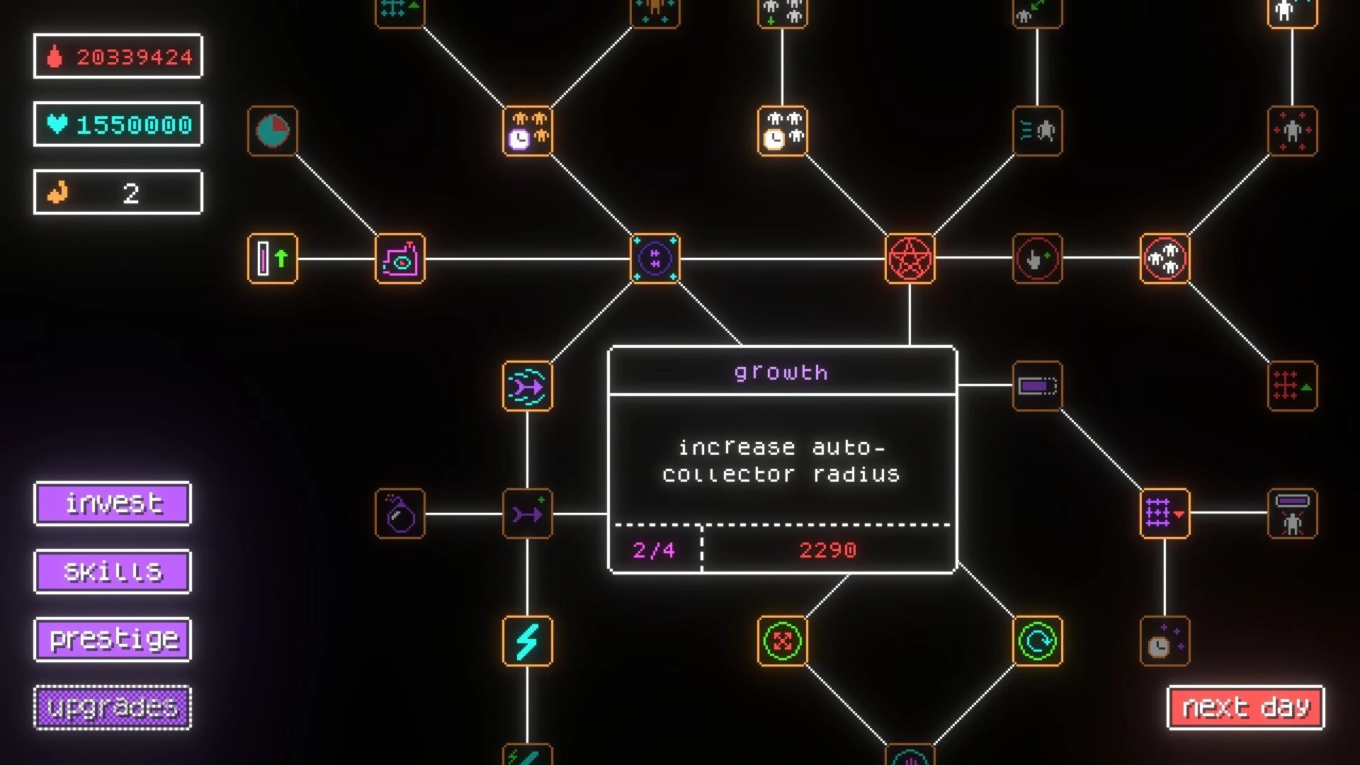 Cult Nation: Skill tree interface with growth node highlighted, showing blood and soul resource counts