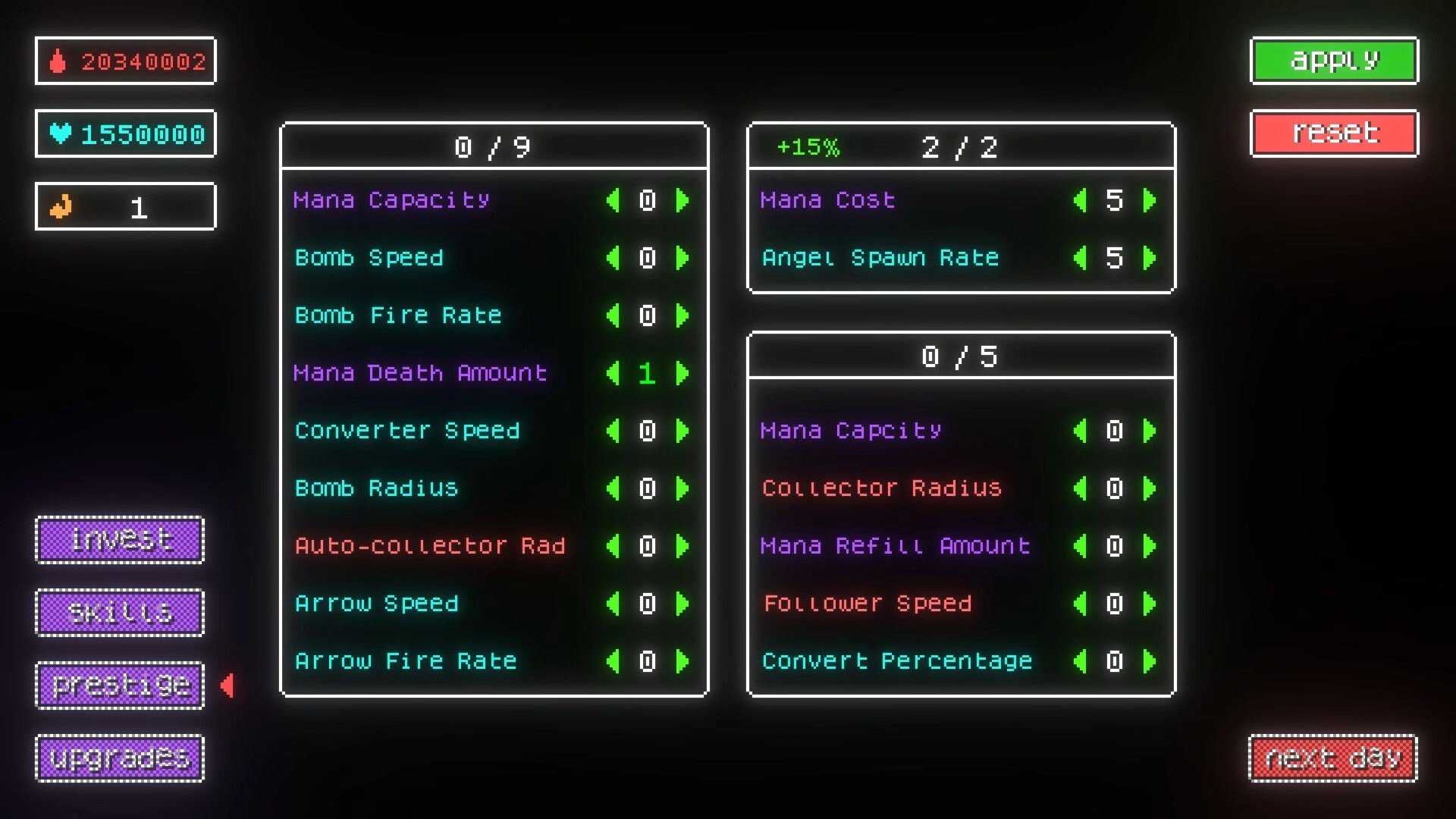 Cult Nation: Upgrade menu with options for mana, bomb speed, and follower stats in retro interface