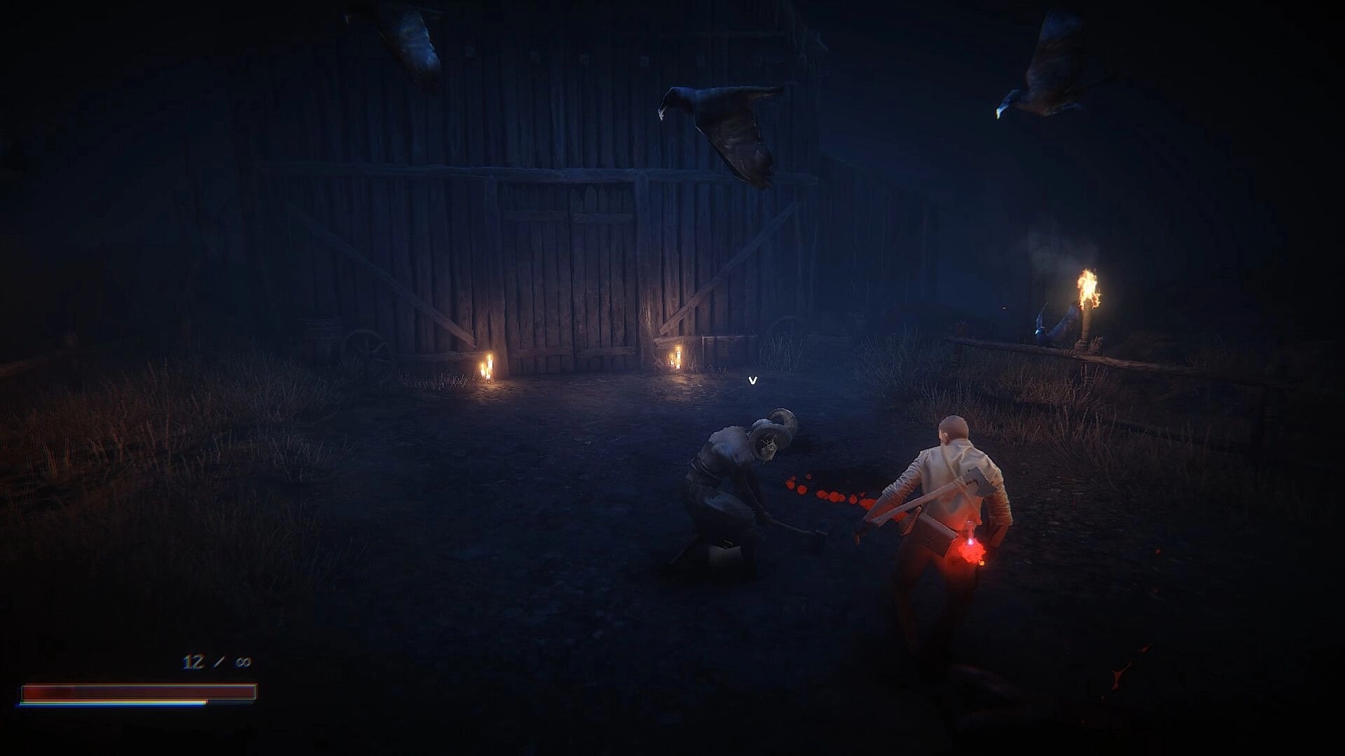 Cult Of Blood: Player battles an enemy near a dimly lit barn with UI health bar and ammo count visible.