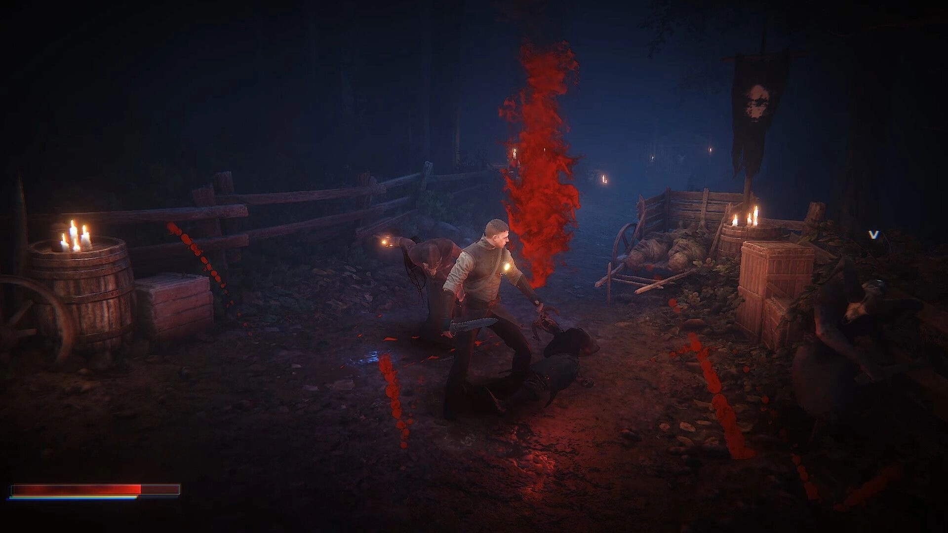 Cult Of Blood: Player battles enemies with sword, surrounded by red mist in dark, eerie village setting.