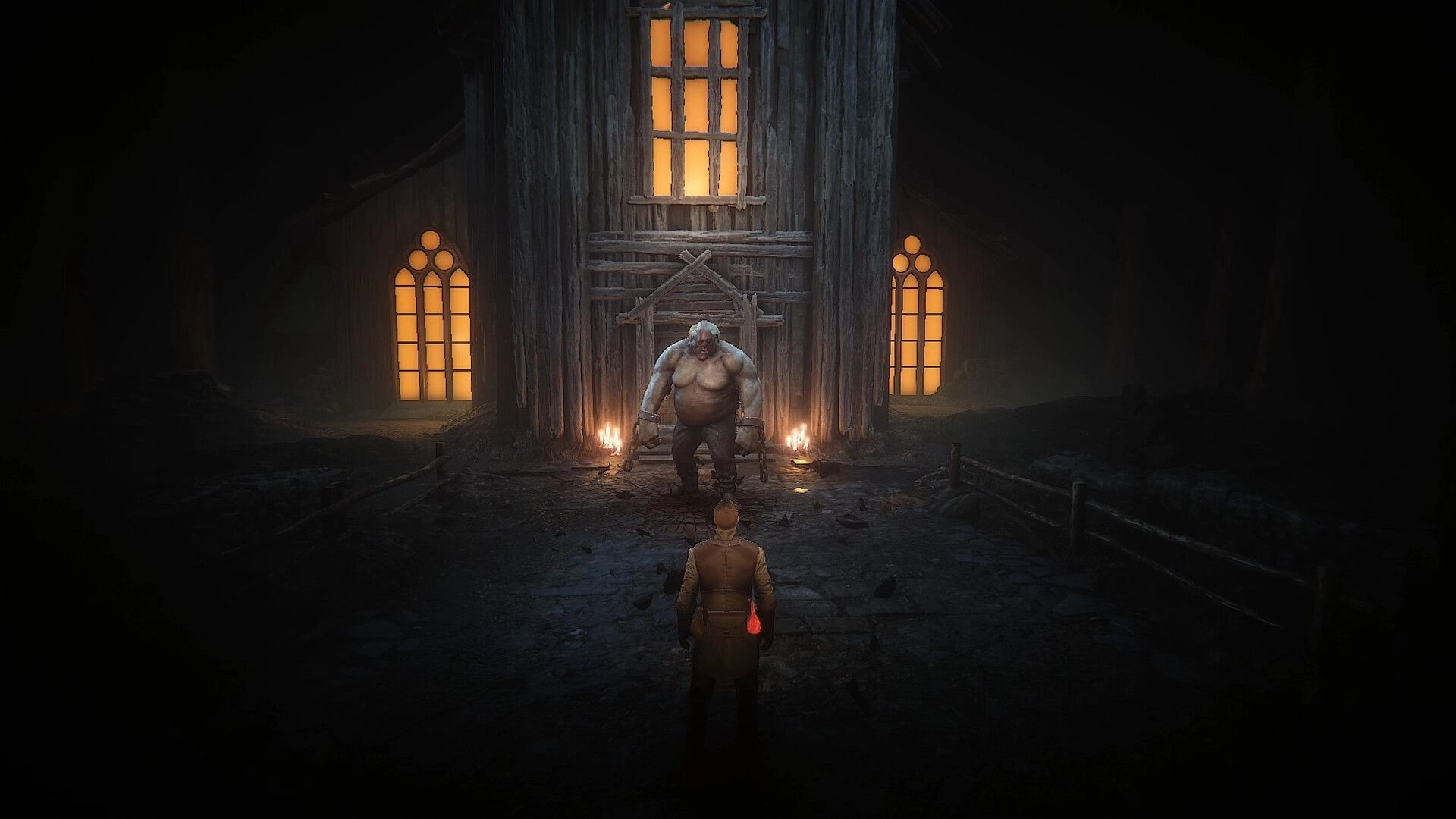 Cult Of Blood: Player confronting a giant creature outside a dimly lit wooden church in the forest