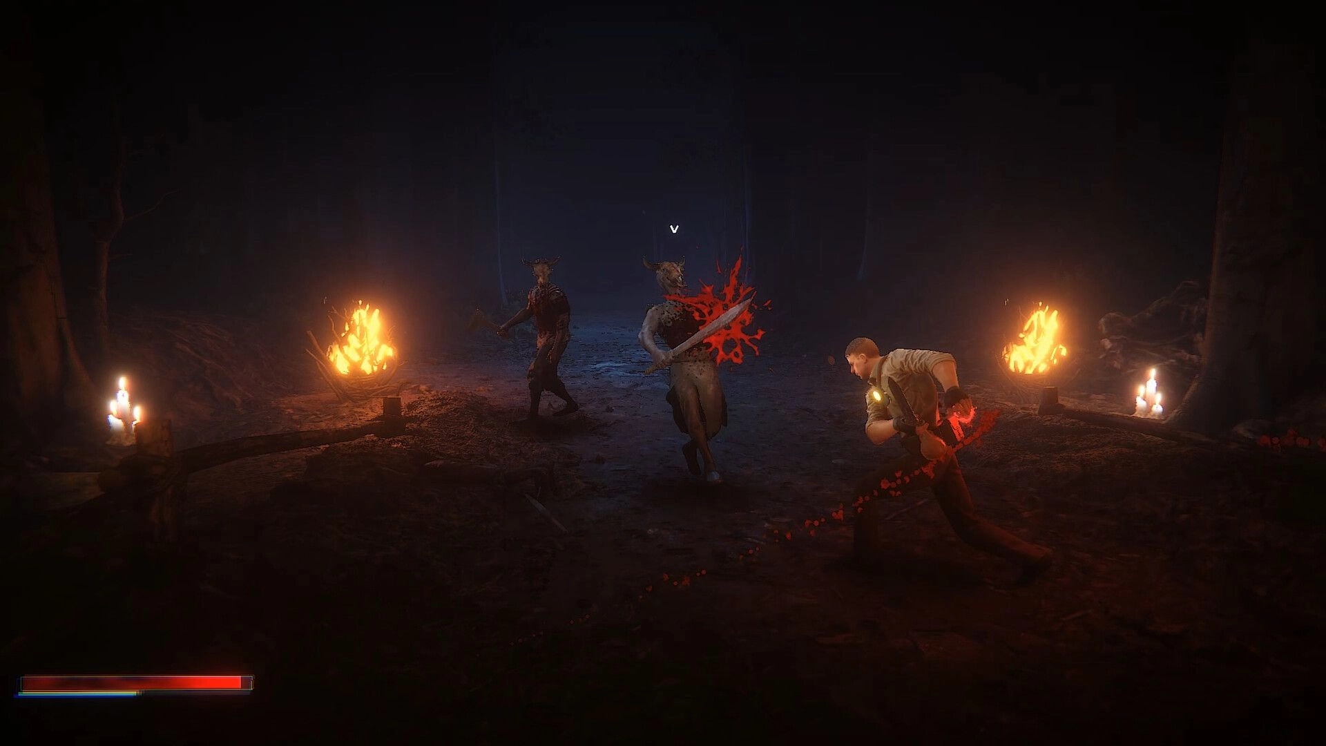 Cult Of Blood: Intense combat with player attacking horned enemies in a dimly lit forest clearing.