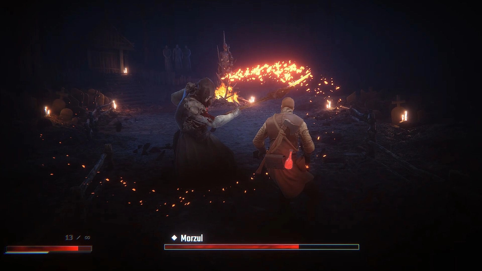 Cult Of Blood: Intense combat with fiery weapon in dark graveyard, health bars visible at bottom