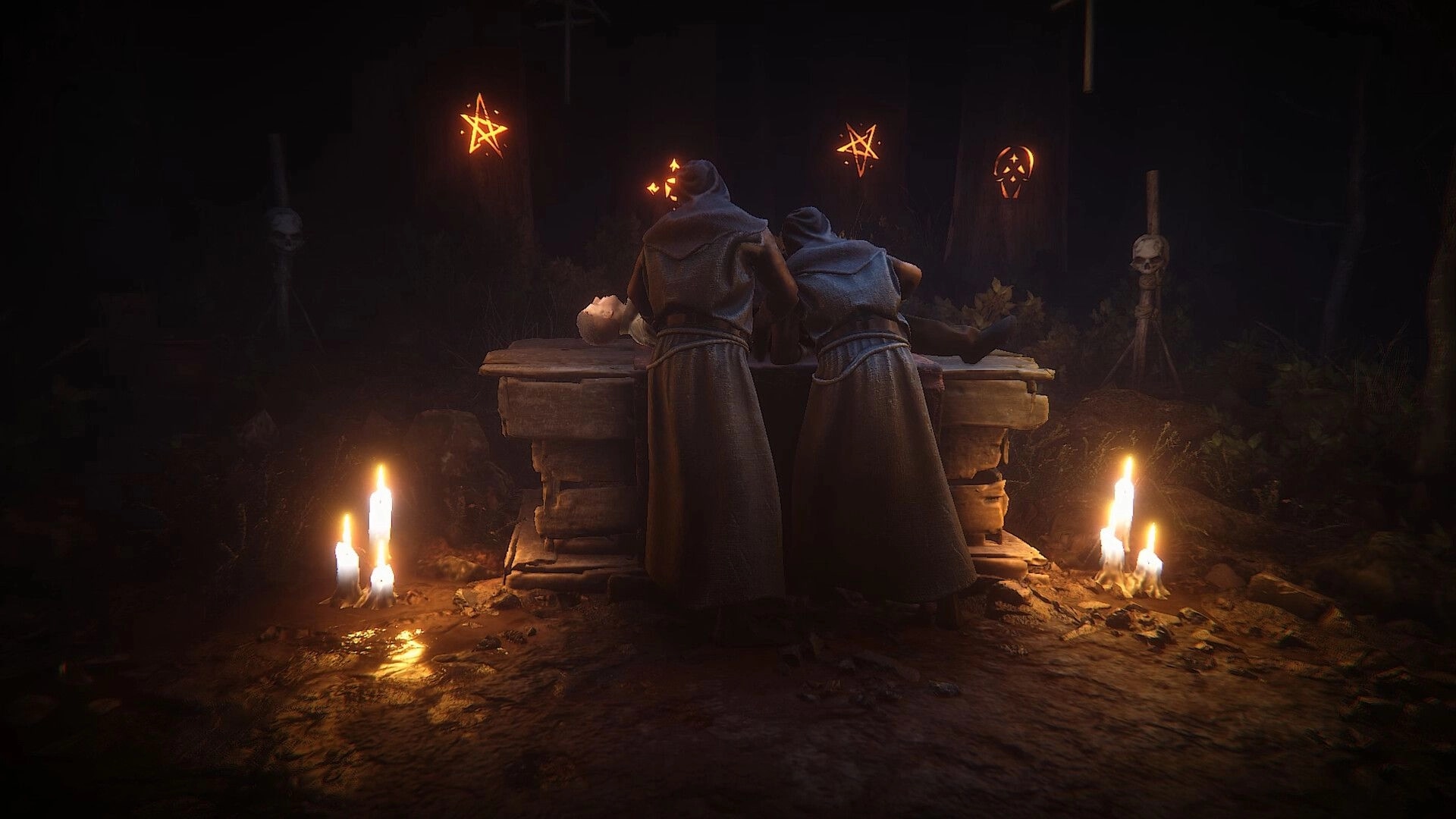 Cult Of Blood: Hooded figures perform ritual at stone altar in dark forest with glowing symbols.