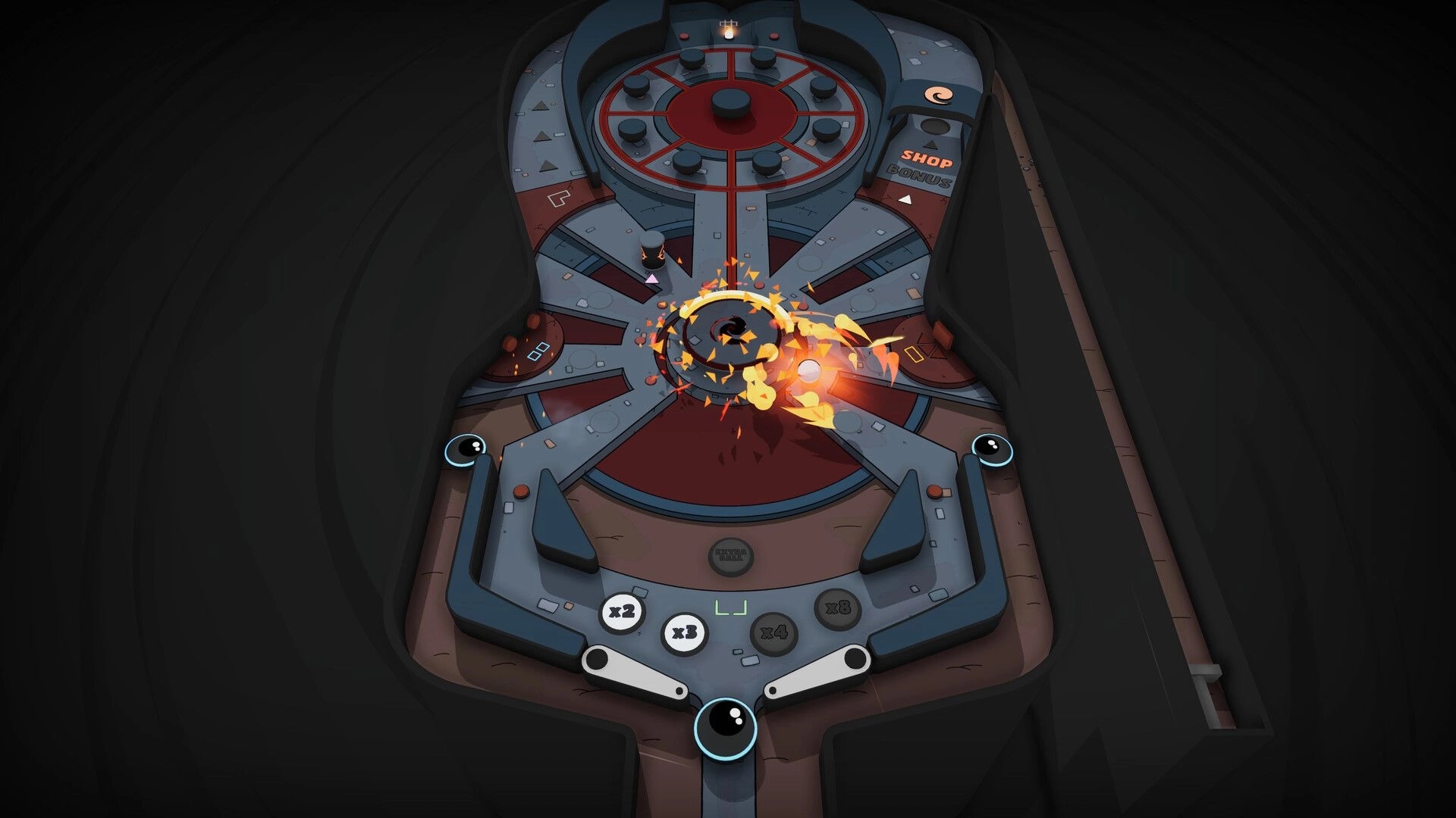 Cult of PiN: Pinball table with fiery explosion near center, flippers and multiplier icons at bottom