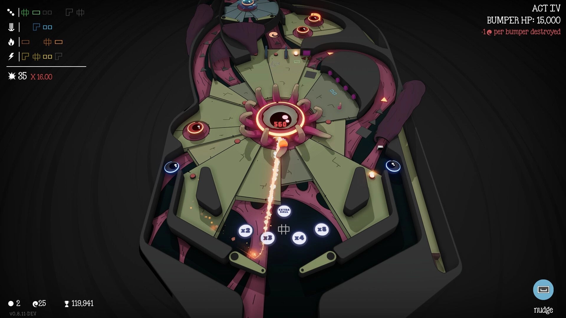 Cult of PiN: Fiery ball targets bumper in dark, alien-themed pinball table with score and stats visible.