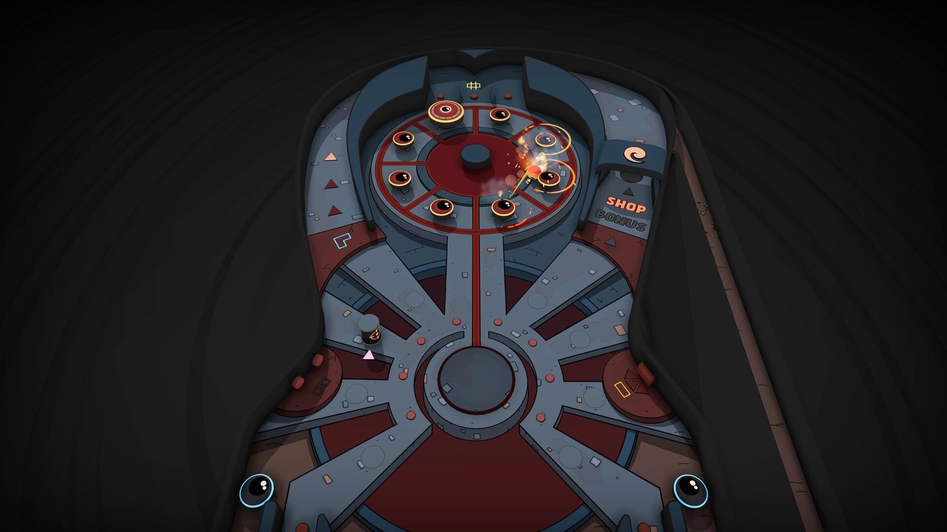 Cult of PiN: Pinball table with bumpers, flippers, and a shop bonus section in a dark environment