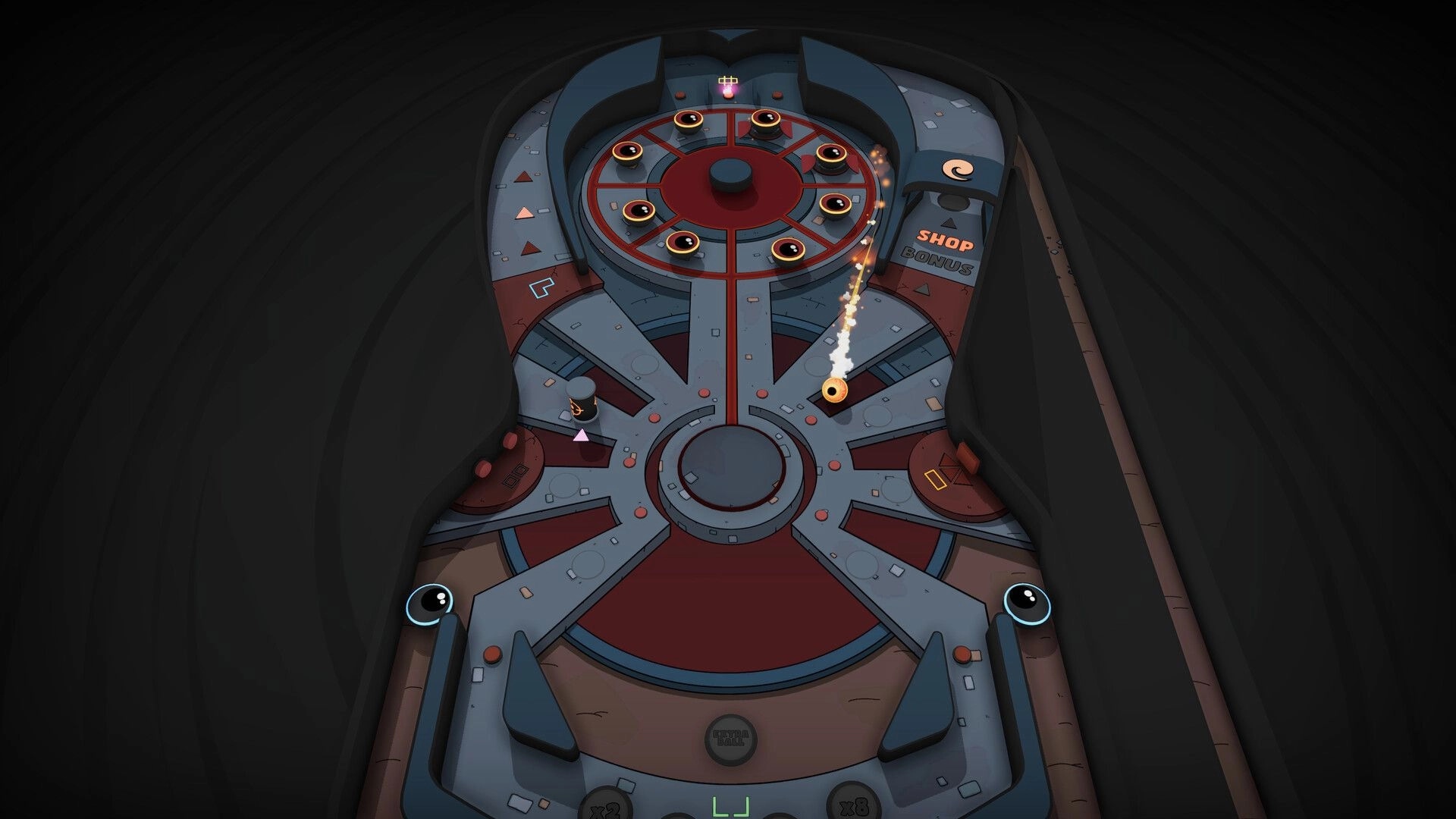 Cult of PiN: Pinball table with flame-trailing ball near targets, shop and bonus areas visible