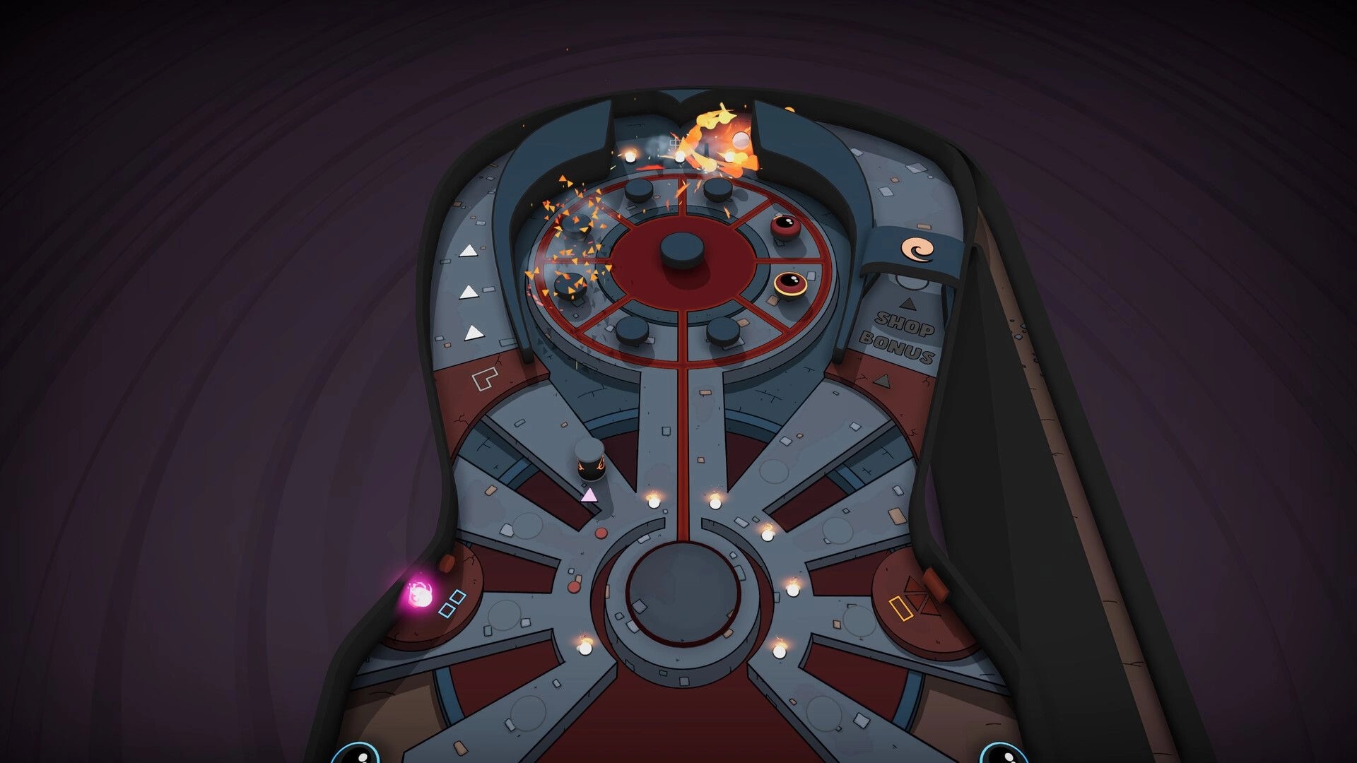 Cult of PiN: Pinball table with fiery bumpers and glowing targets in dark arcade setting